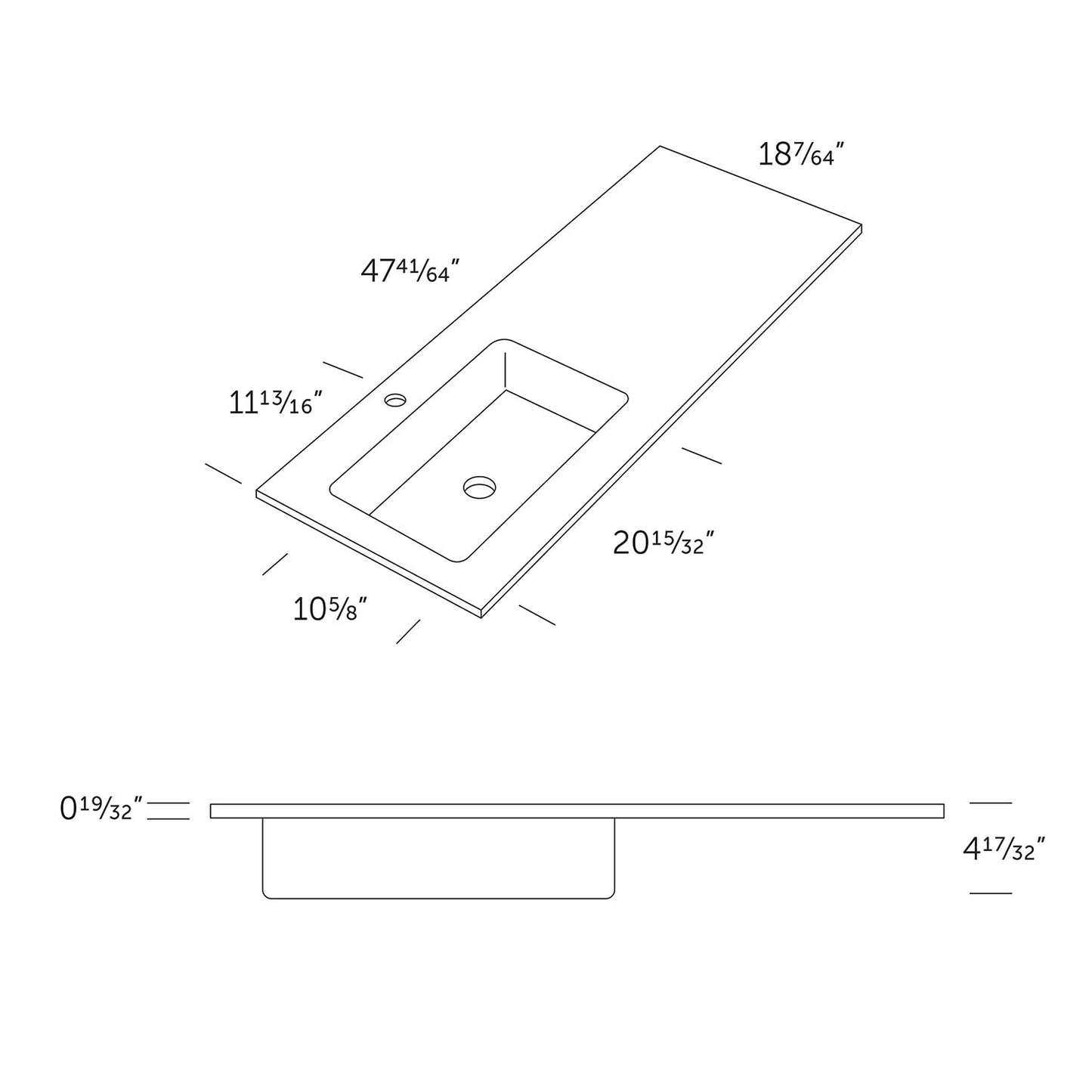 Diagram of a rectangular white undermount sink with dimensions annotated for countertop installation