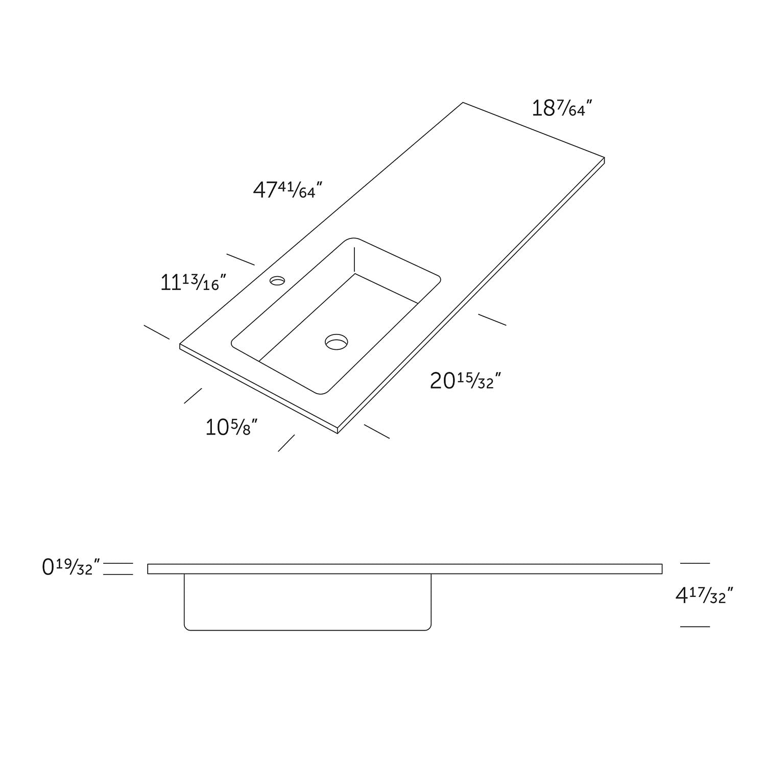 Diagram of a rectangular white undermount sink with dimensions annotated for countertop installation