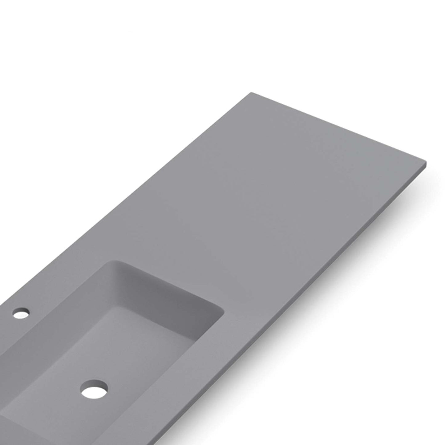 Modern gray quartz vanity top with integrated sink and faucet holes