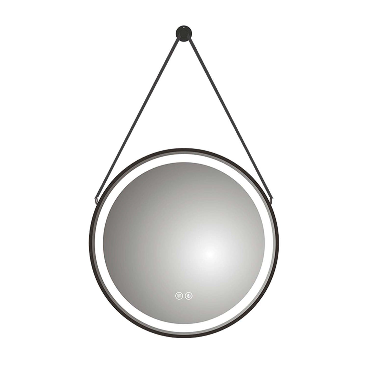Round backlit bathroom mirror with black frame and adjustable strap