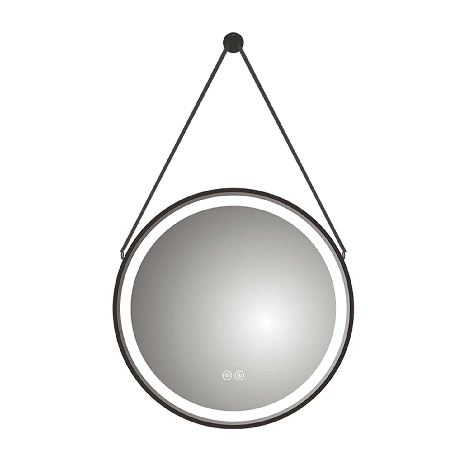 Round backlit bathroom mirror with black frame and adjustable strap