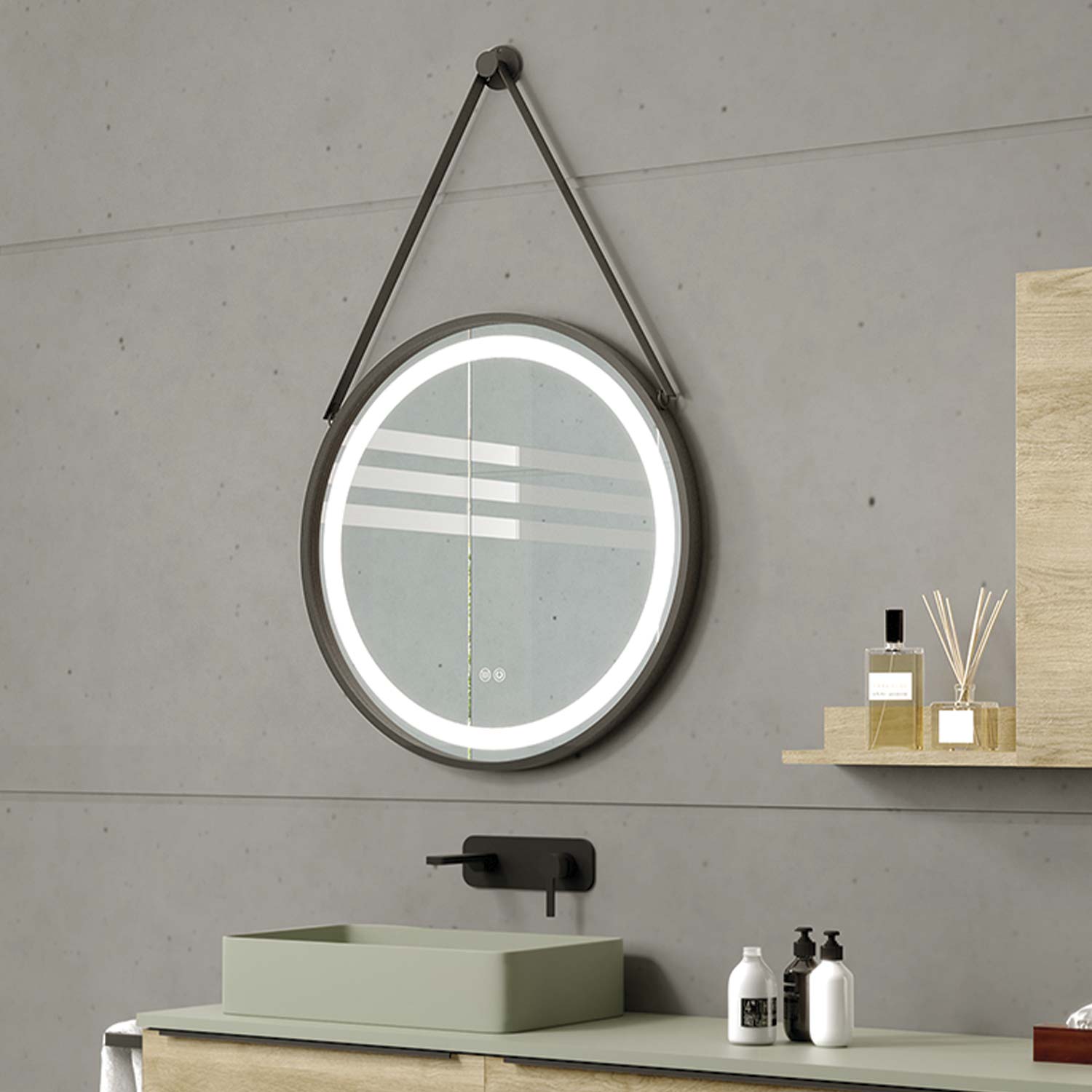 Modern round vanity mirror with integrated LED lighting and leather strap