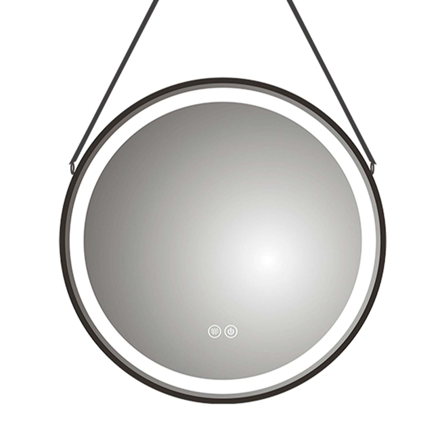 Round black framed illuminated mirror with hanging strap and touch controls