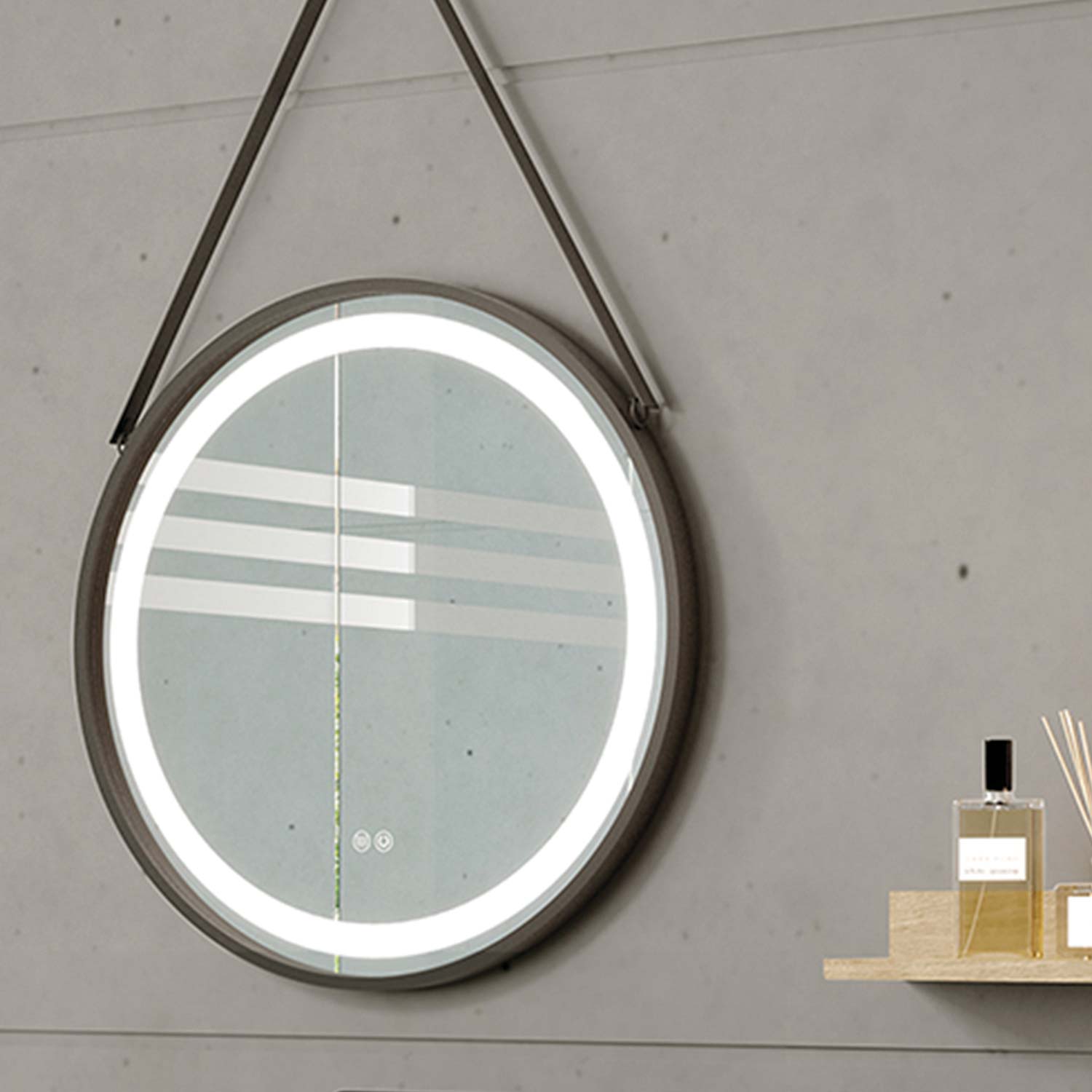 Round modern vanity mirror with LED lighting and dark gray frame