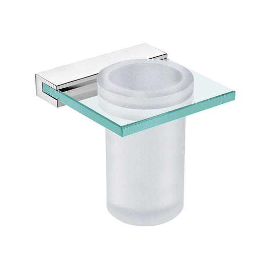 Frosted glass toothbrush holder with chrome mount and clear glass shelf