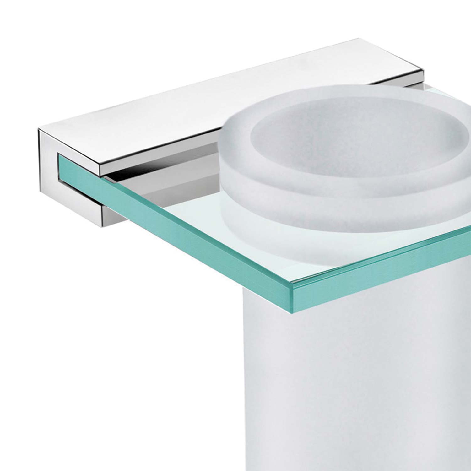 Sleek chrome toothbrush holder with frosted glass cup and tempered glass shelf