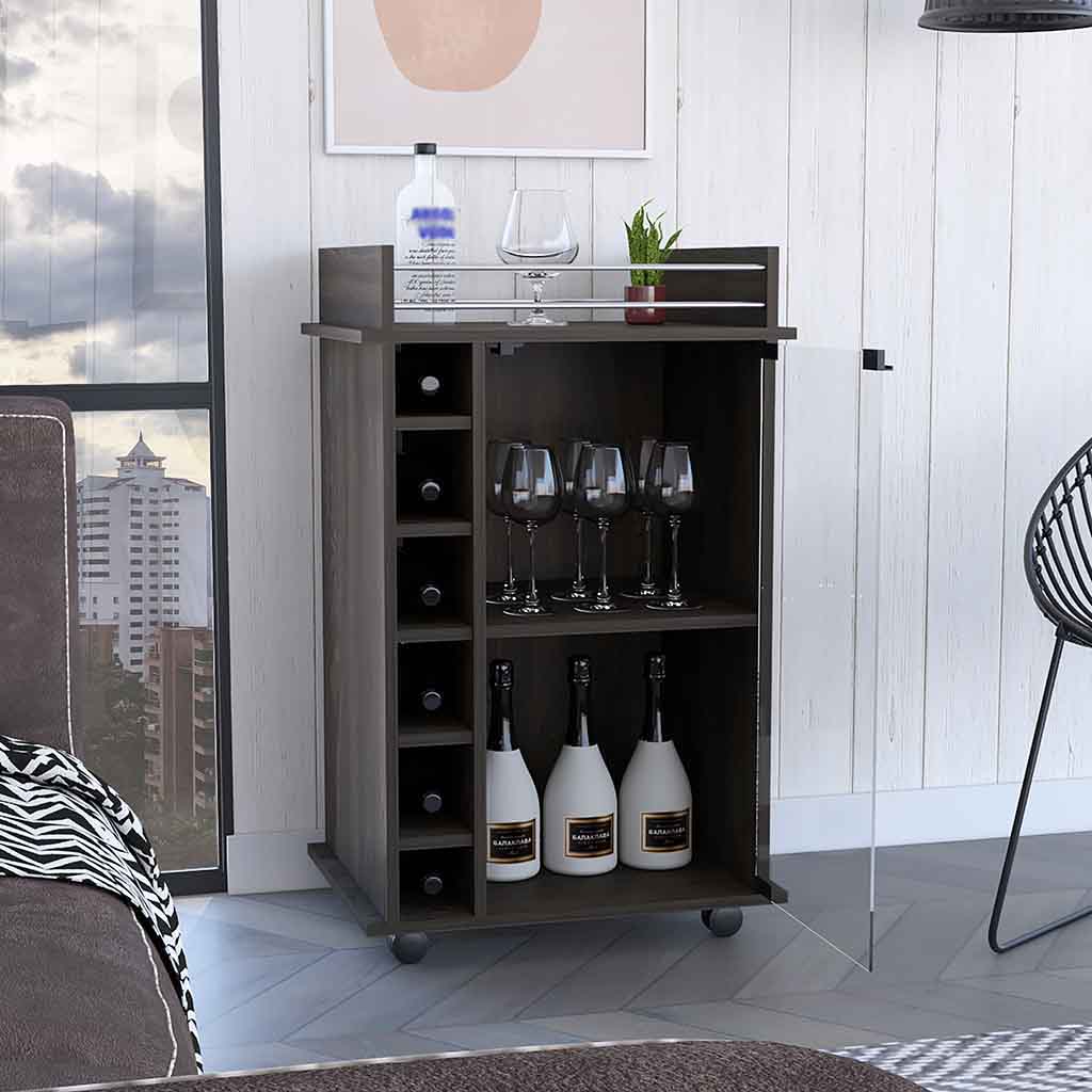 Dark wood mobile wine cart with glass door and stemware rack