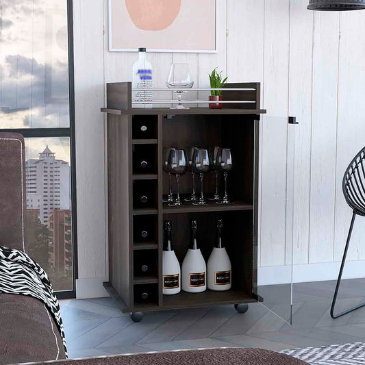 Dark wood mobile wine cart with glass door and stemware rack