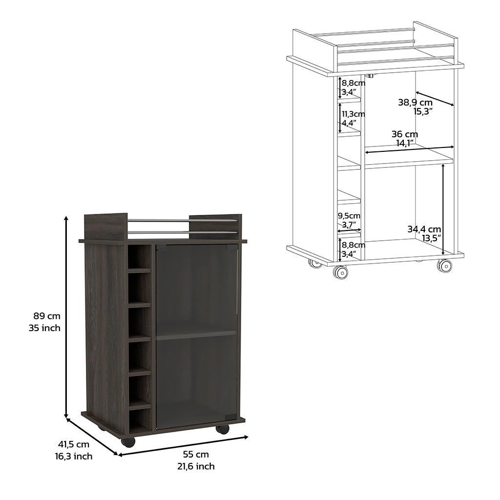 Dark wood bar cart with glass door and wine rack