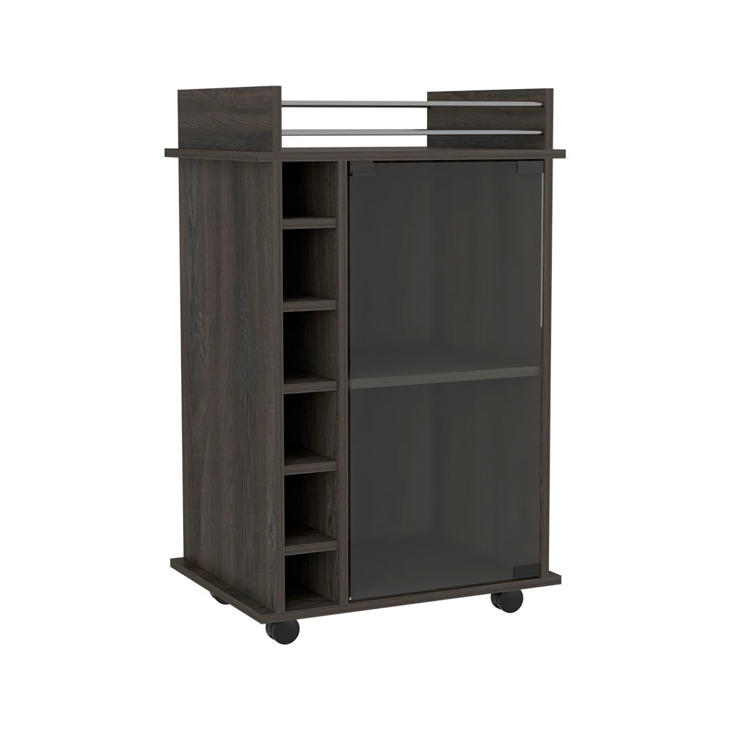 Dark wood bar cart with wine shelves and smoked glass door