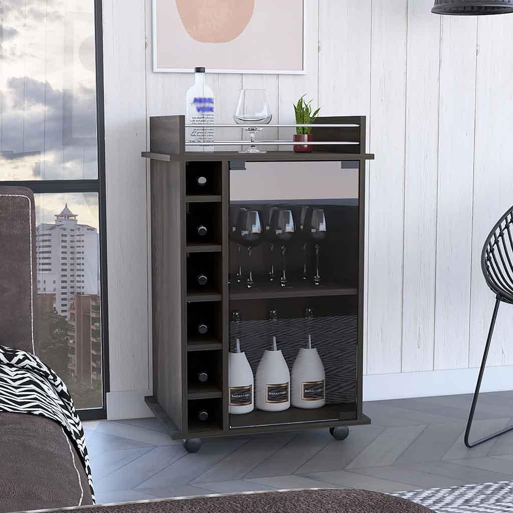 Modern dark wood wine cabinet with bottle and glass storage