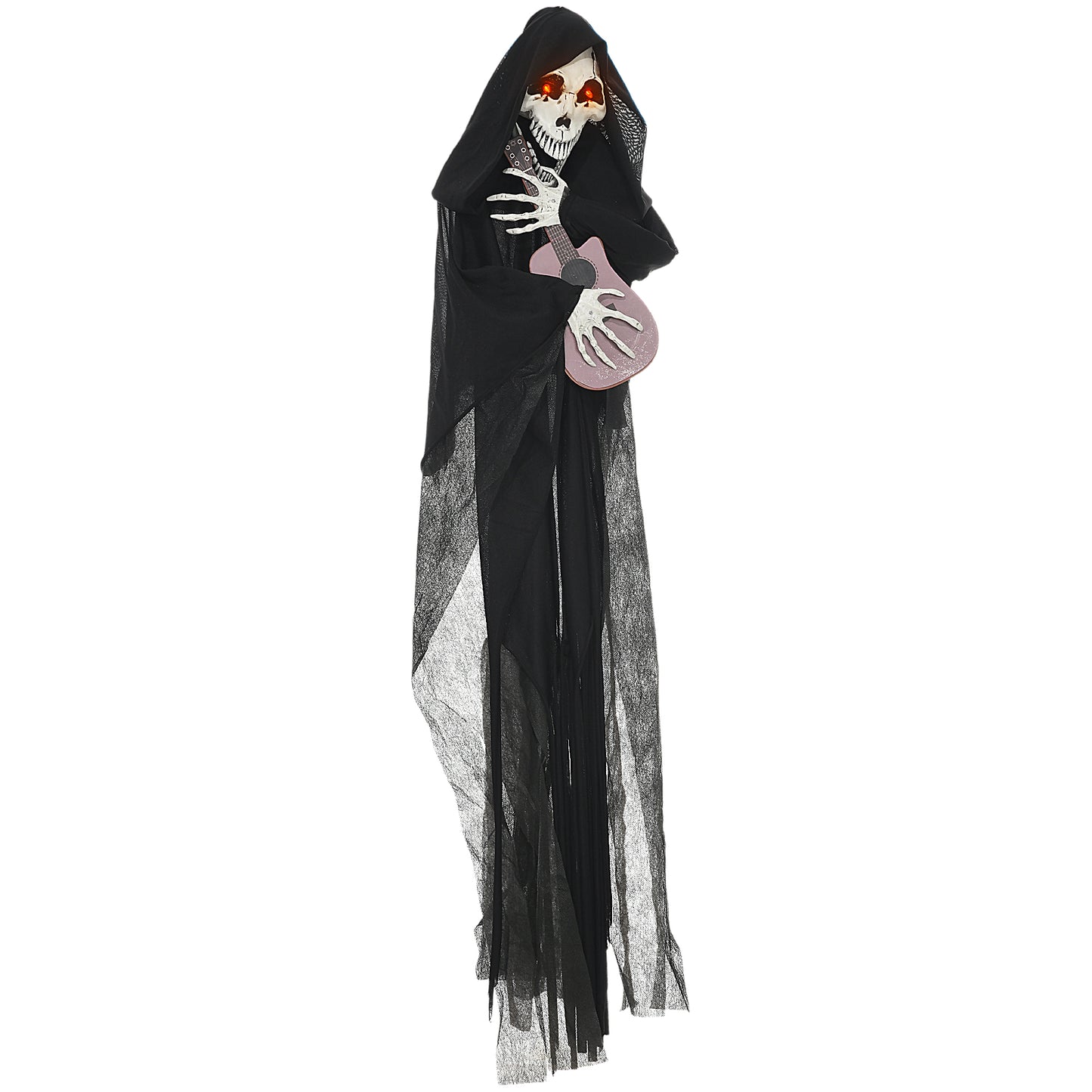 Spooky hanging skeleton reaper decoration playing a pink guitar perfect for Halloween parties