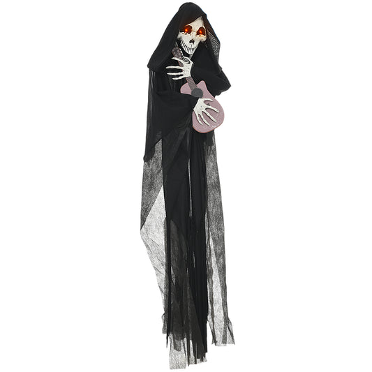Spooky hanging skeleton reaper decoration playing a pink guitar perfect for Halloween parties