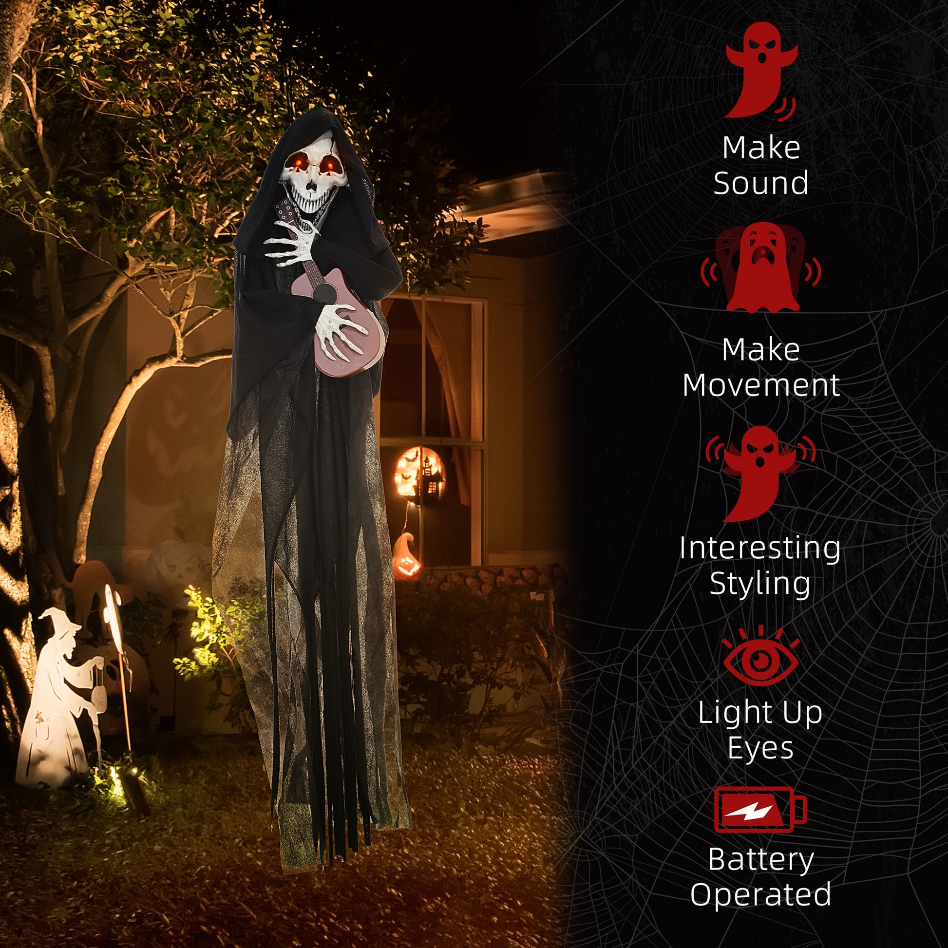 Hanging grim reaper prop with lightup eyes playing a pink guitar