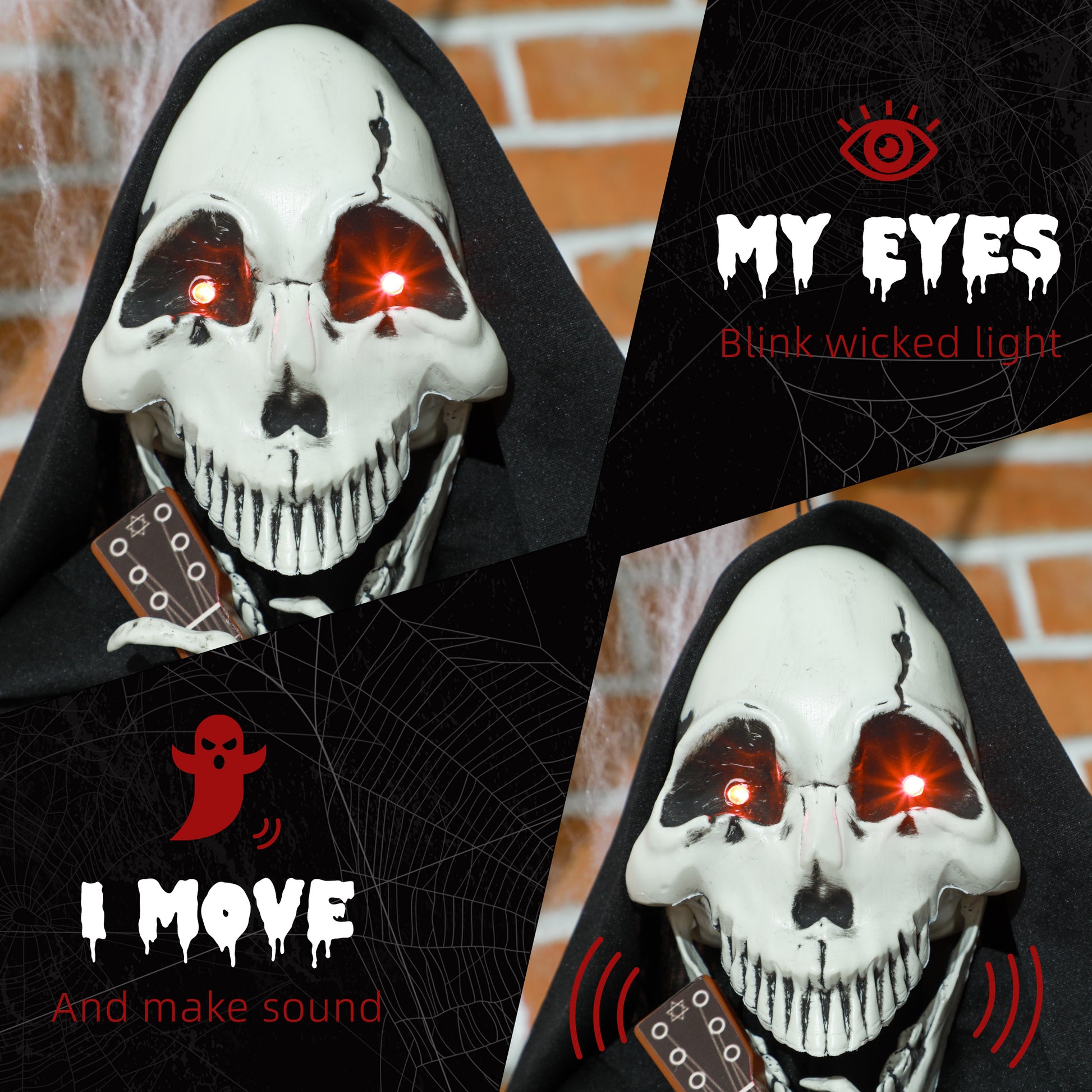 Scary Halloween skeleton prop with glowing red eyes and a black hood