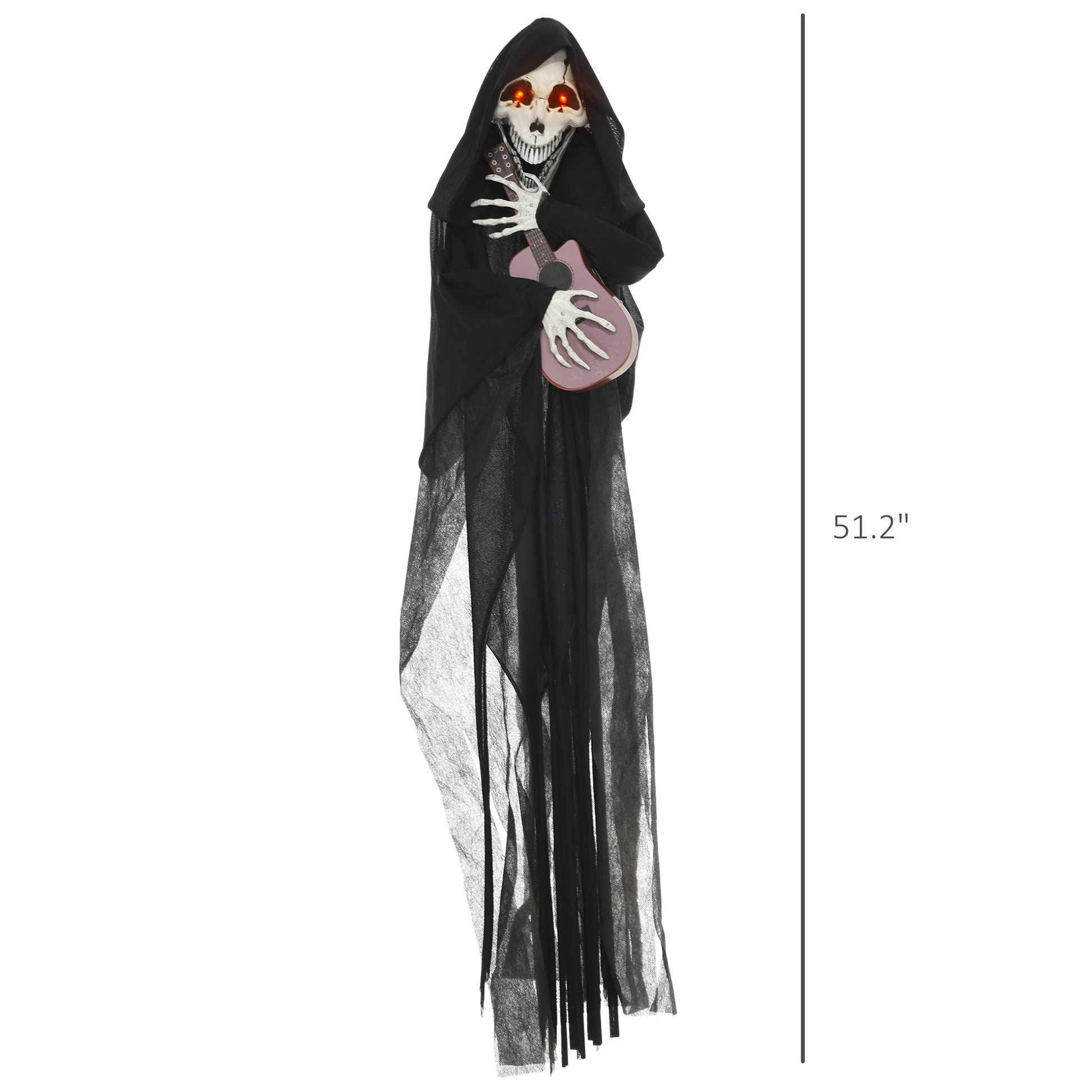 Scary animated Halloween grim reaper figure holding a pink guitar with glowing red eyes