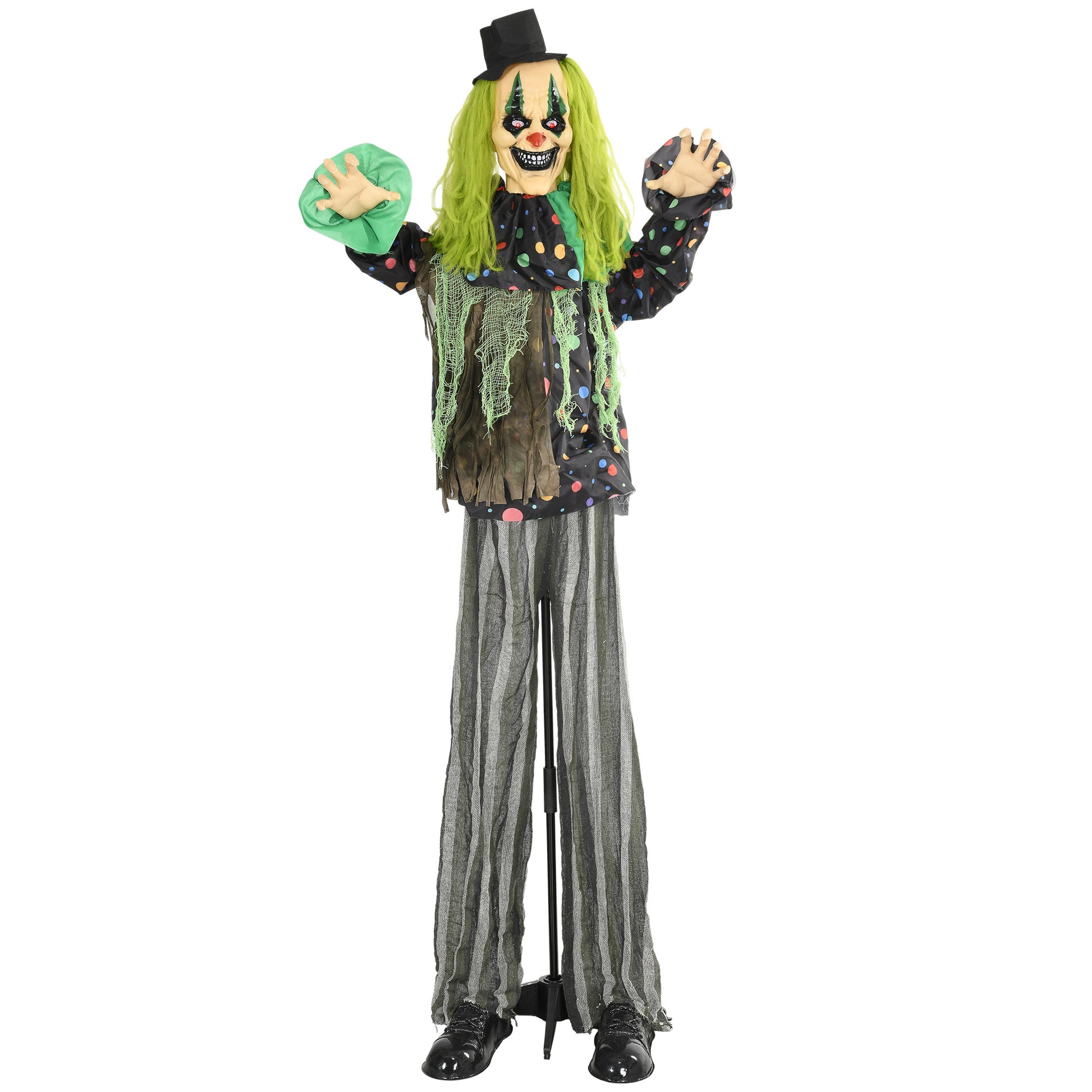 Scary clown prop with green hair and a black top hat perfect for Halloween decorations