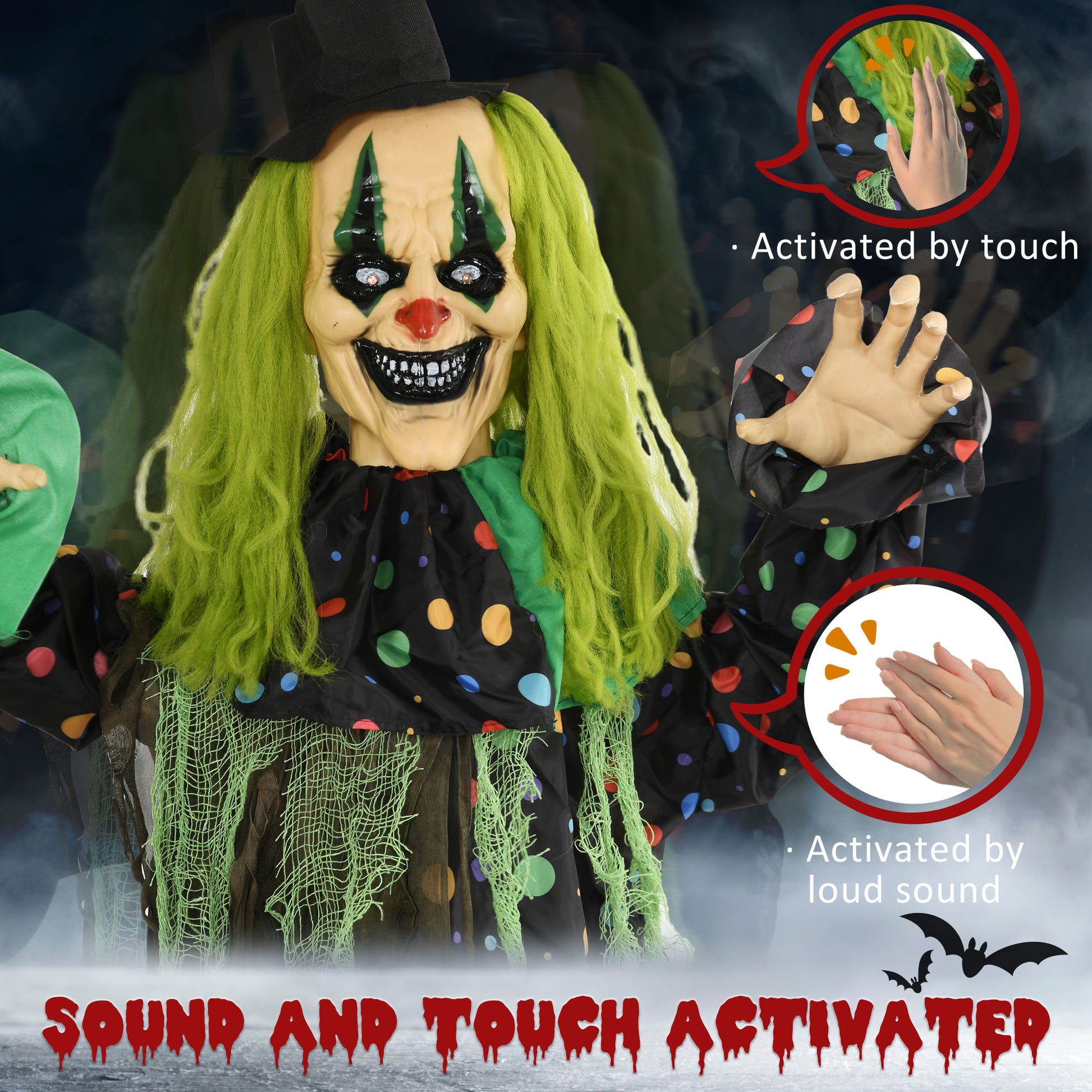 Creepy animated clown prop with green hair black top hat and polka dot costume activated by sound or touch