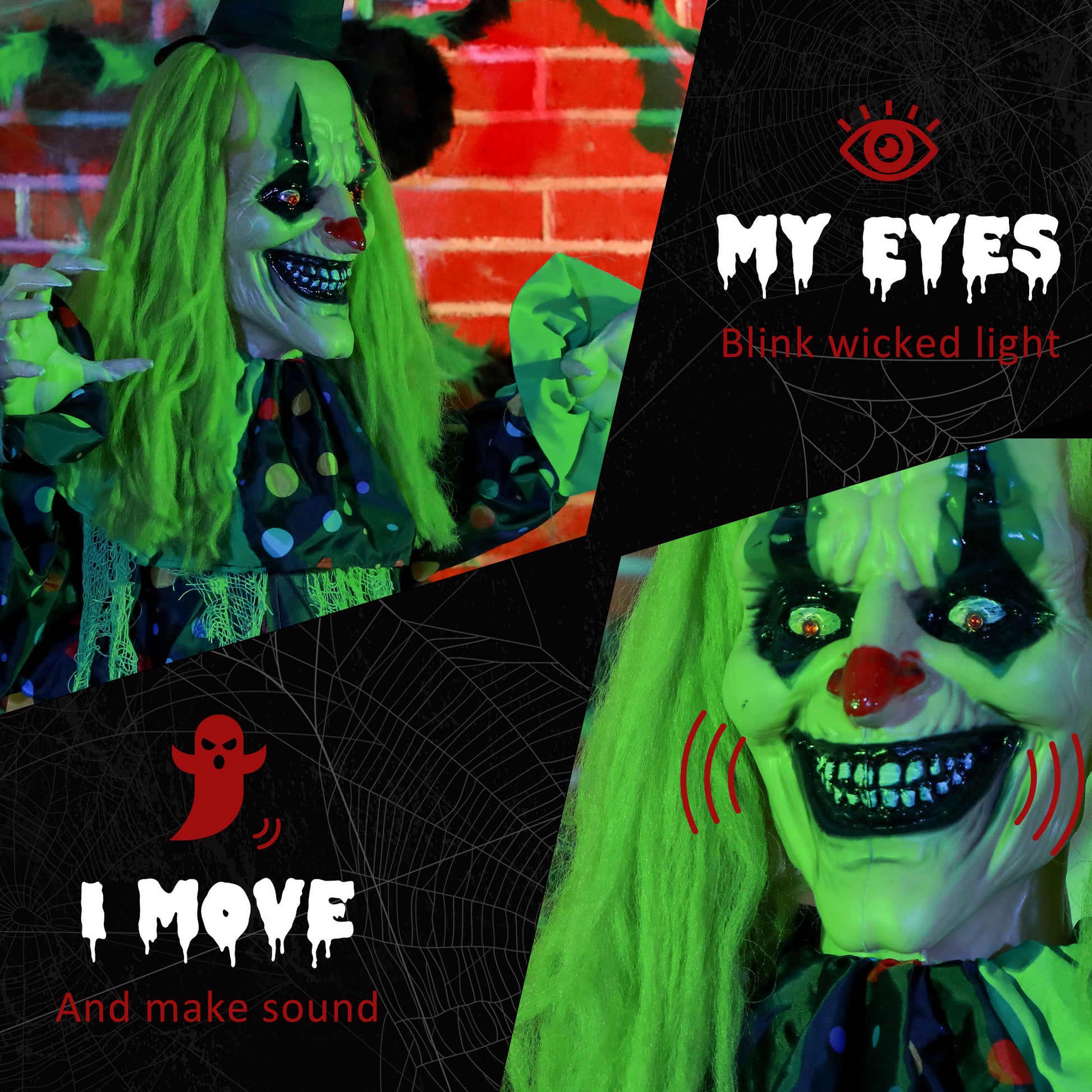Scary animated clown prop with bright green hair and blinking red eyes