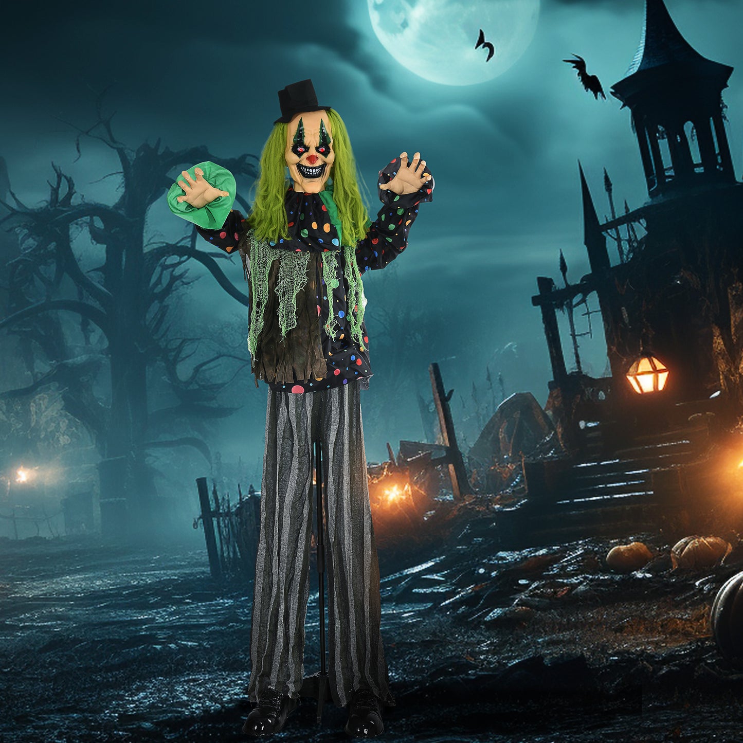 Creepy animated Halloween clown prop with green hair top hat and polka dot suit
