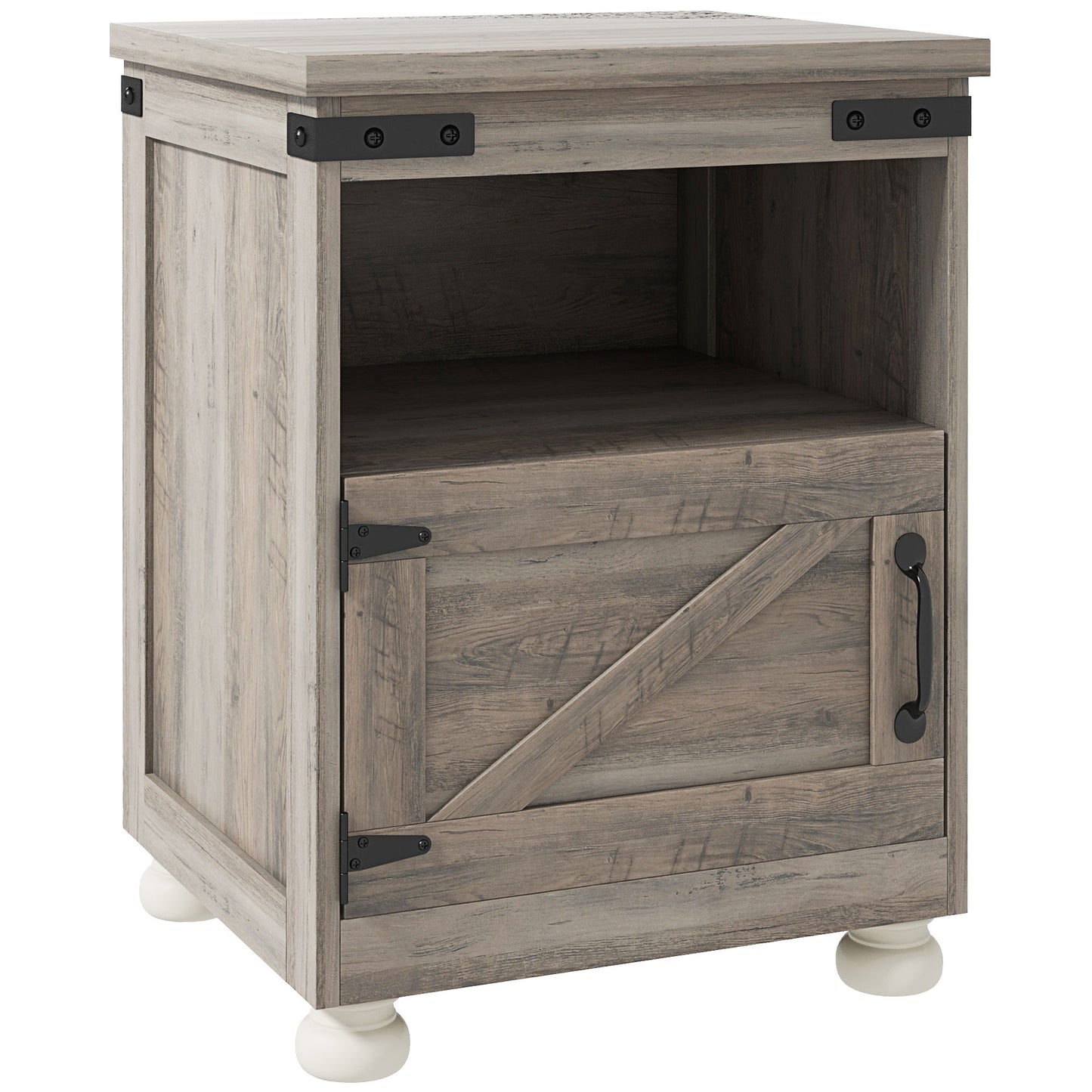 Rustic barn door nightstand with weathered grey finish and black hardware
