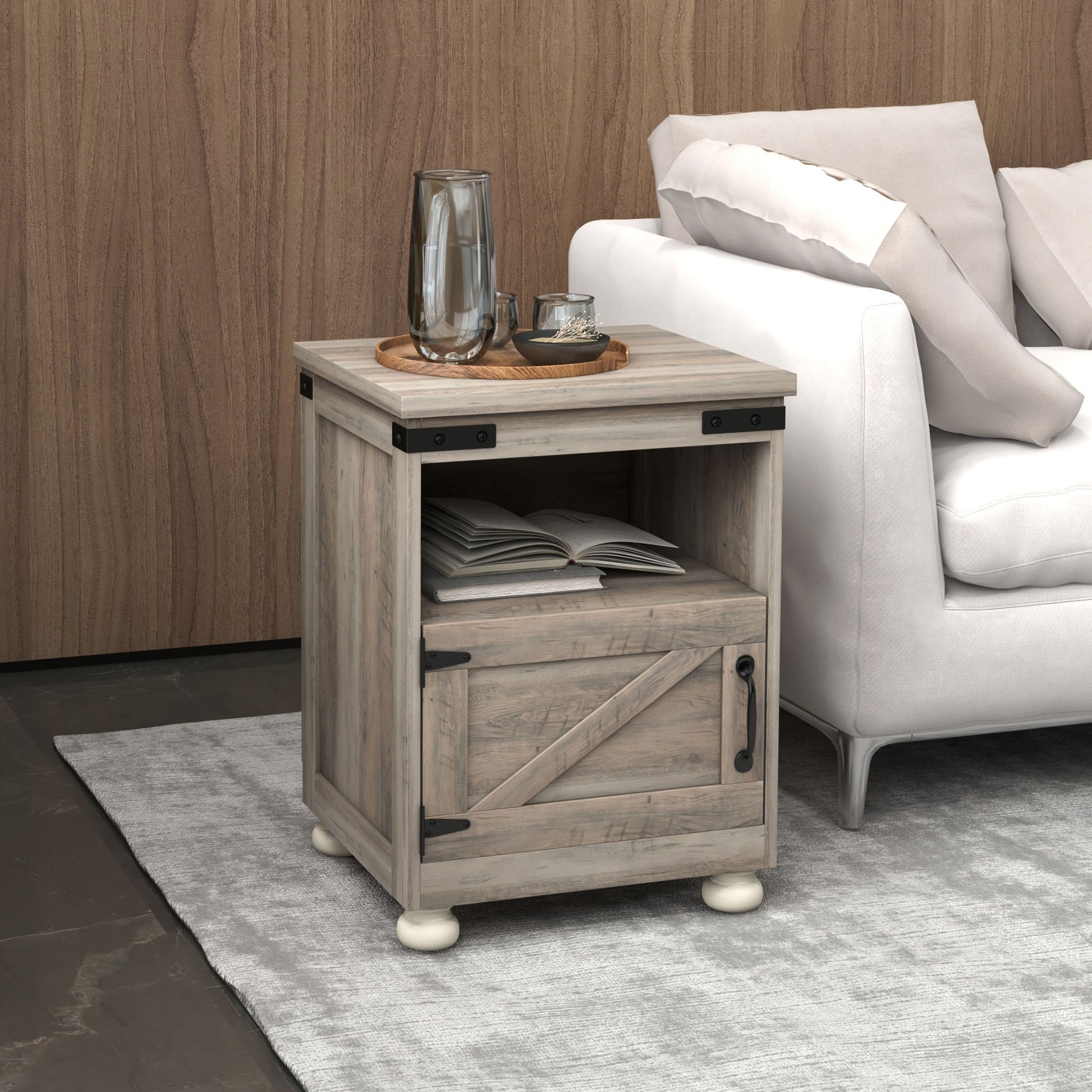 Rustic barn door wood end table with shelf and drawer