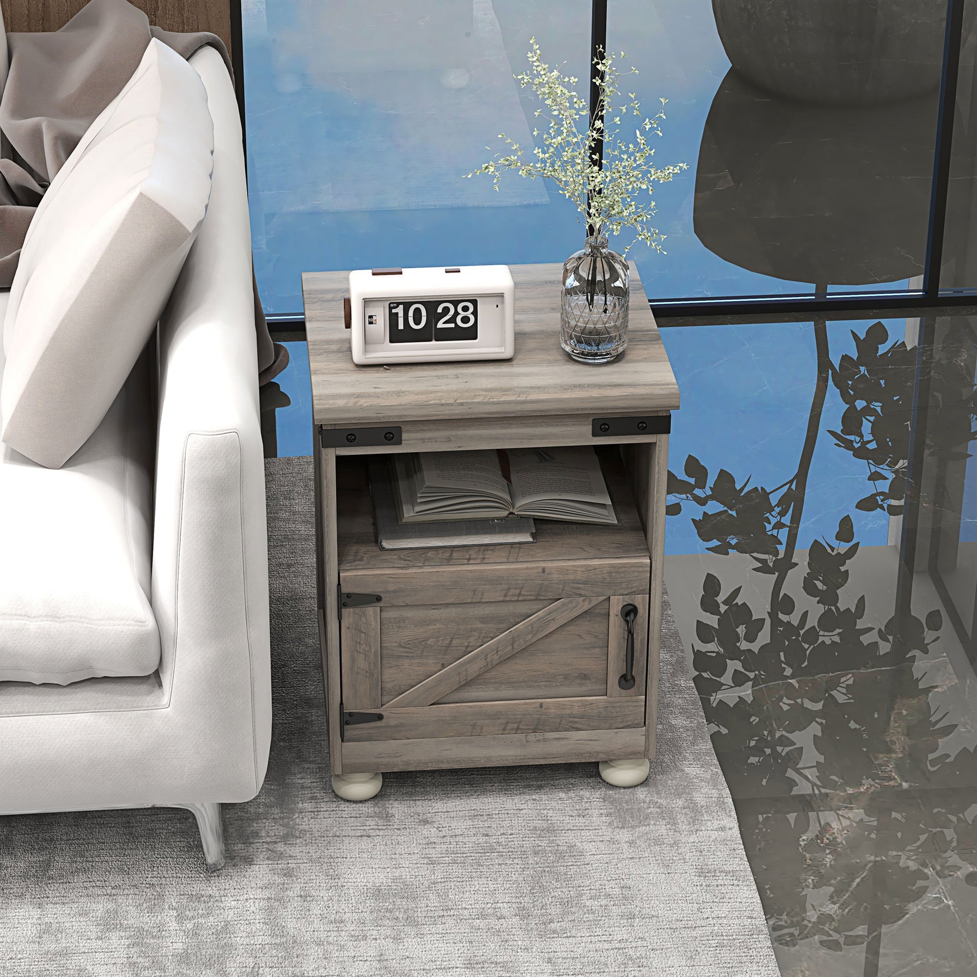 Rustic gray wood end table with barn door open shelf for books and white flip clock