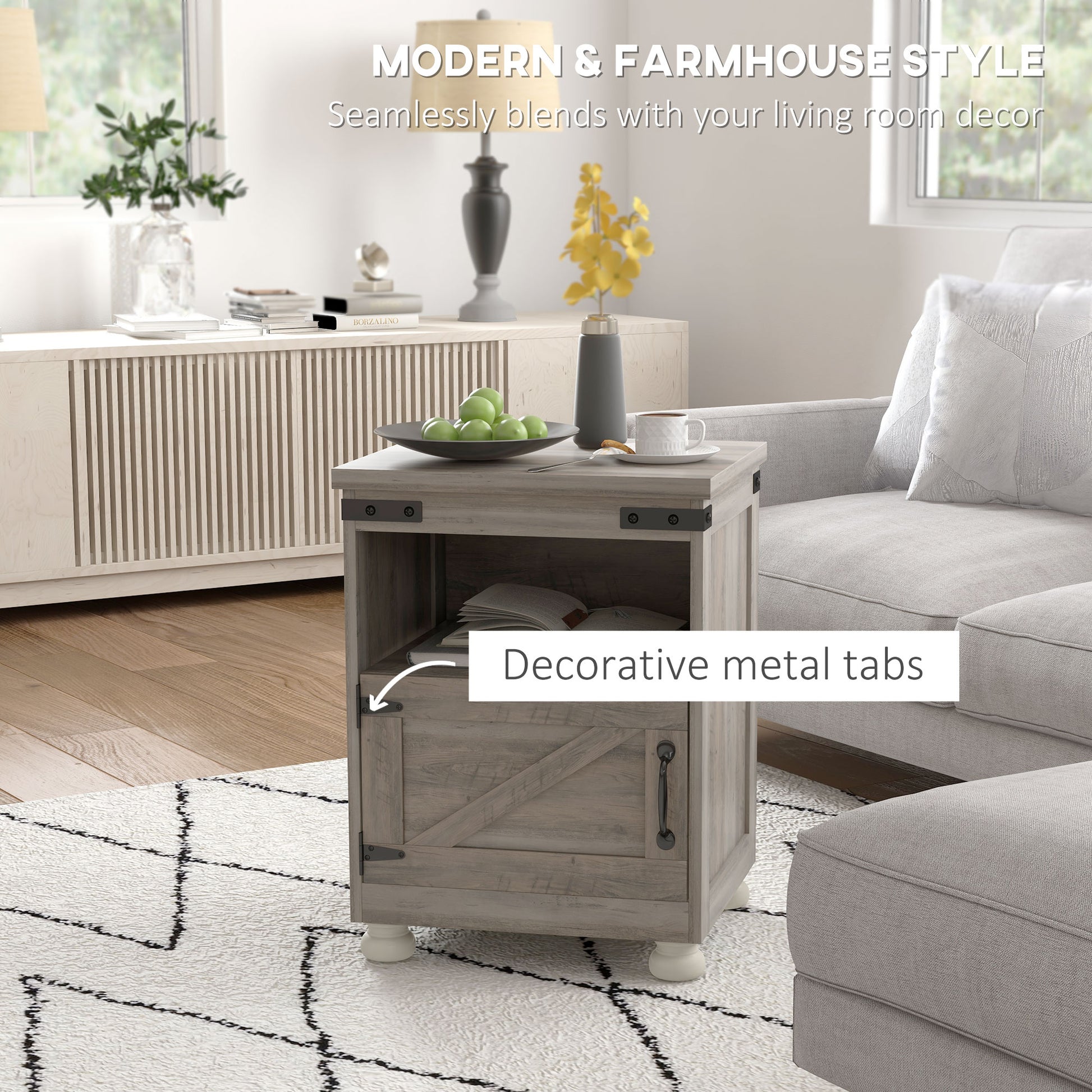 Grey washed wood end table with barn door accent and black hardware