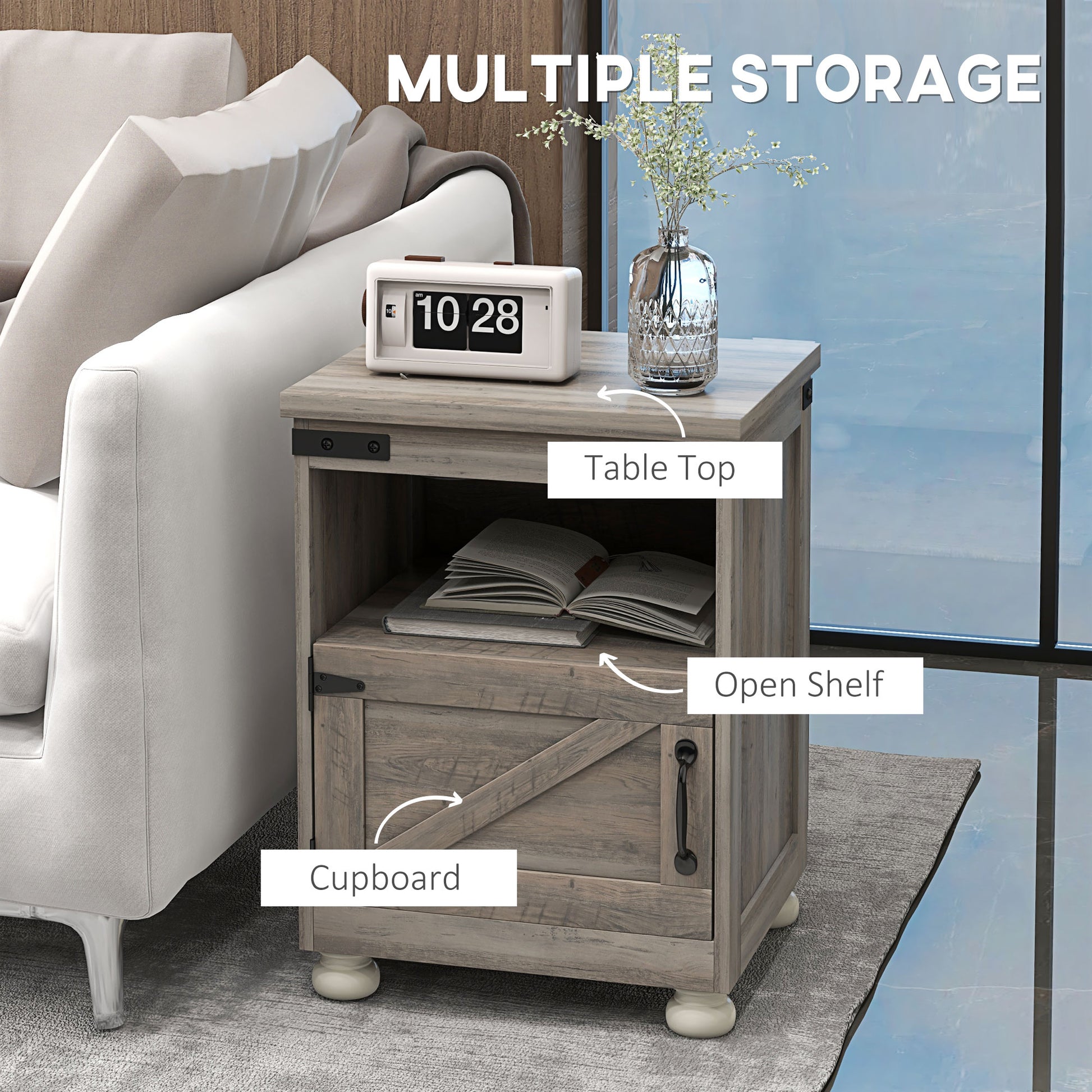 Rustic grey wood end table with barn door cabinet and open shelf for bedside storage