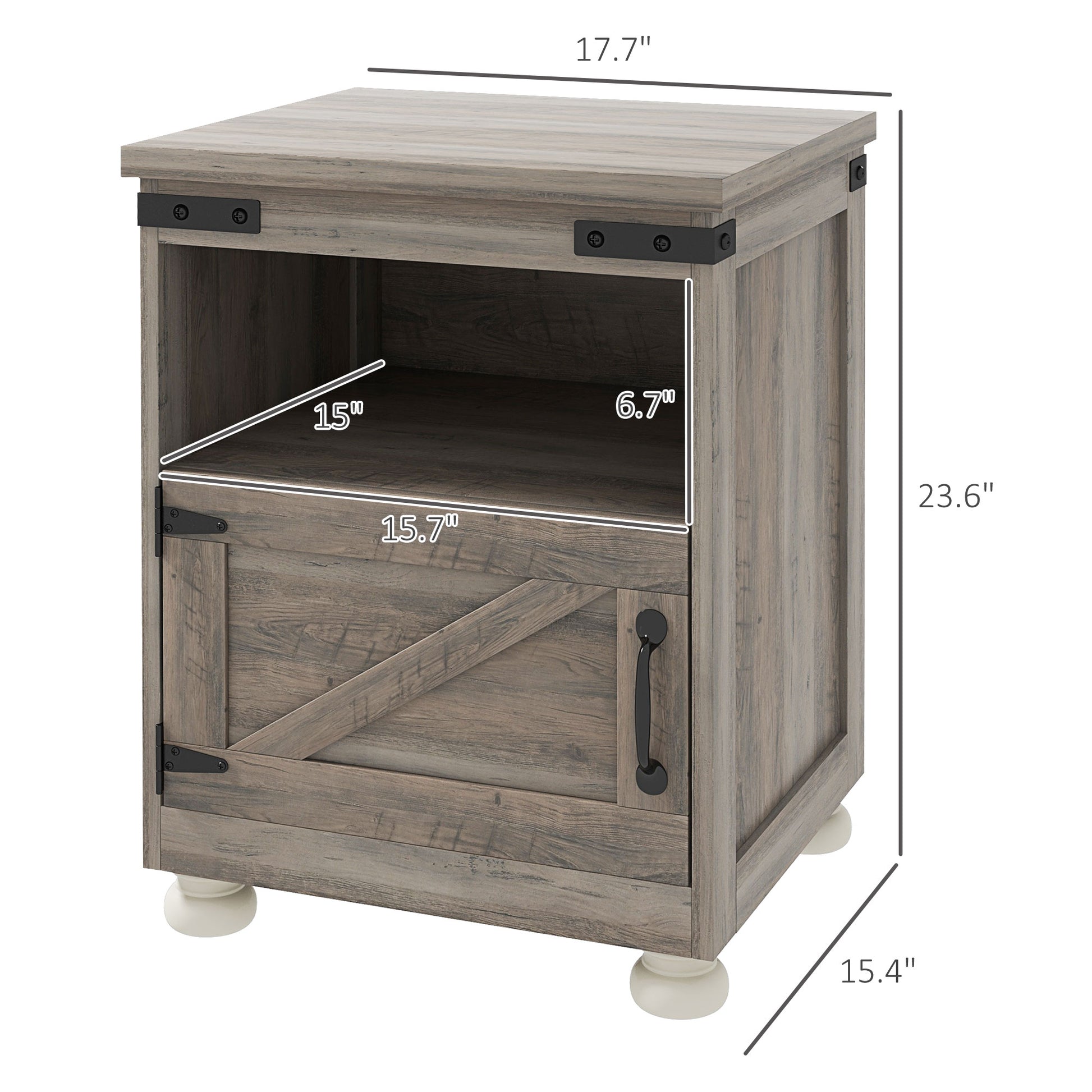 Rustic wood nightstand with black barn door hardware and bun feet