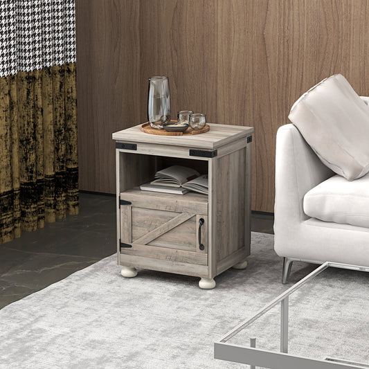 Rustic grey wood nightstand with sliding barn door and metal accents perfect for bedrooms
