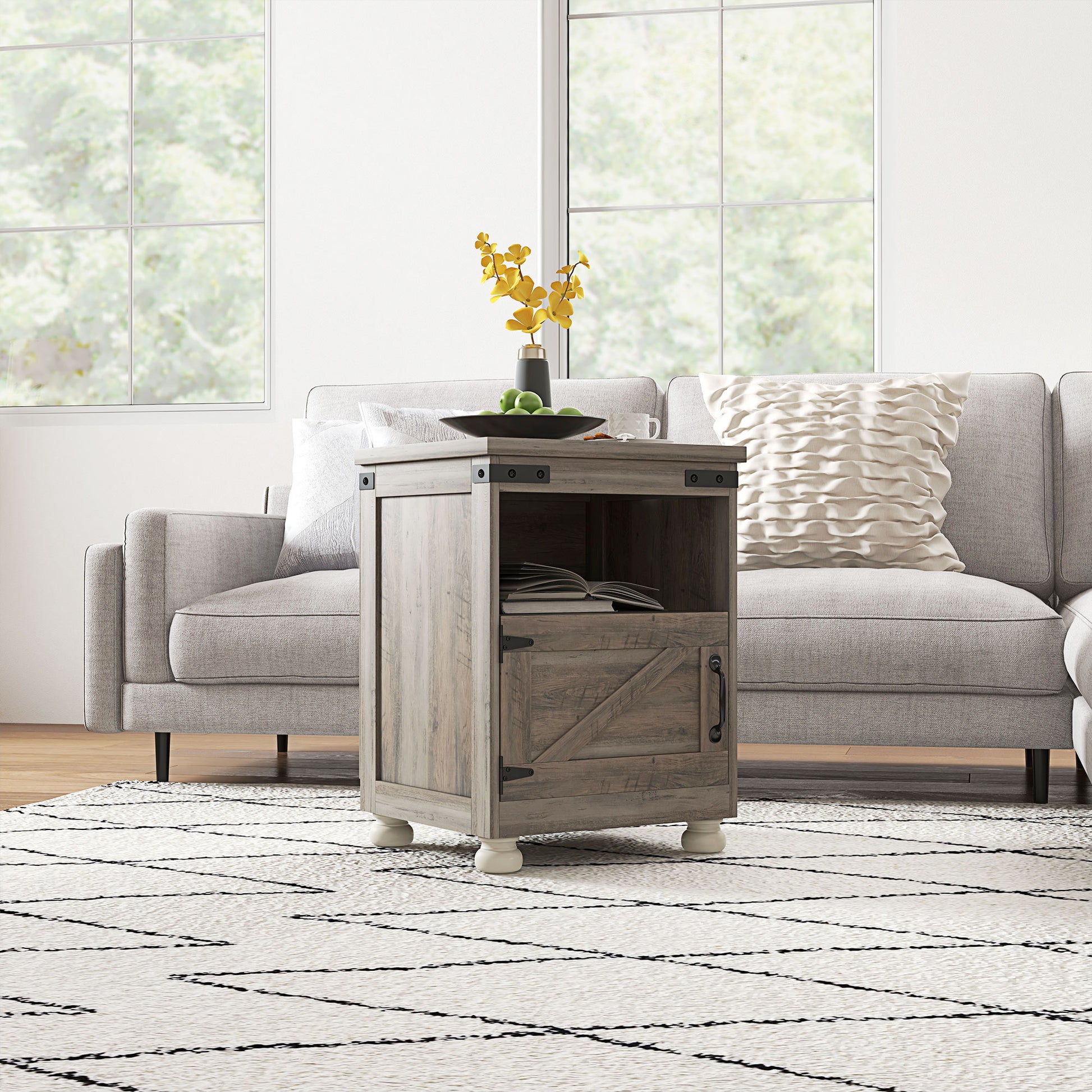 Rustic gray wood accent table with barn door design and storage shelf