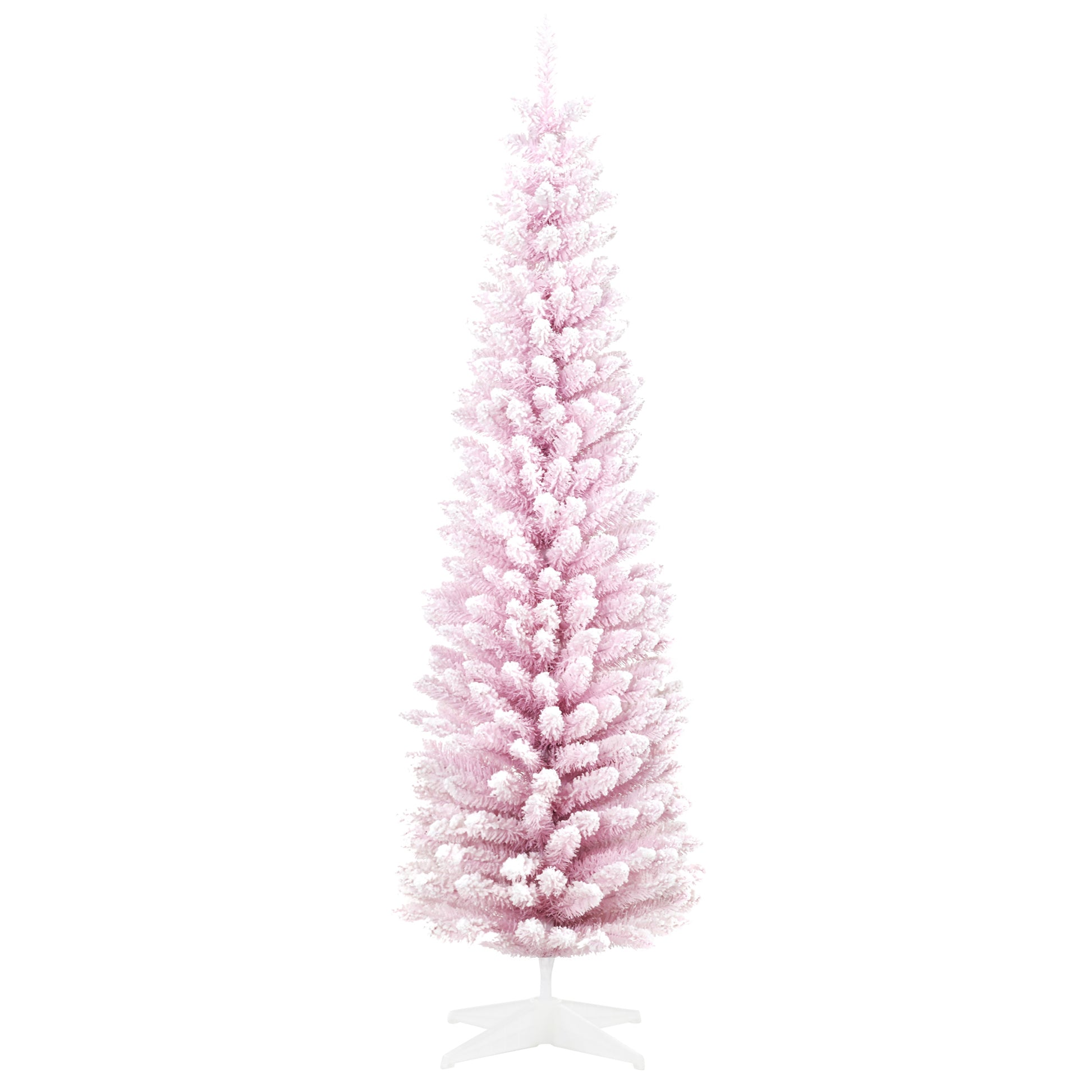 Pink flocked artificial Christmas tree with white stand