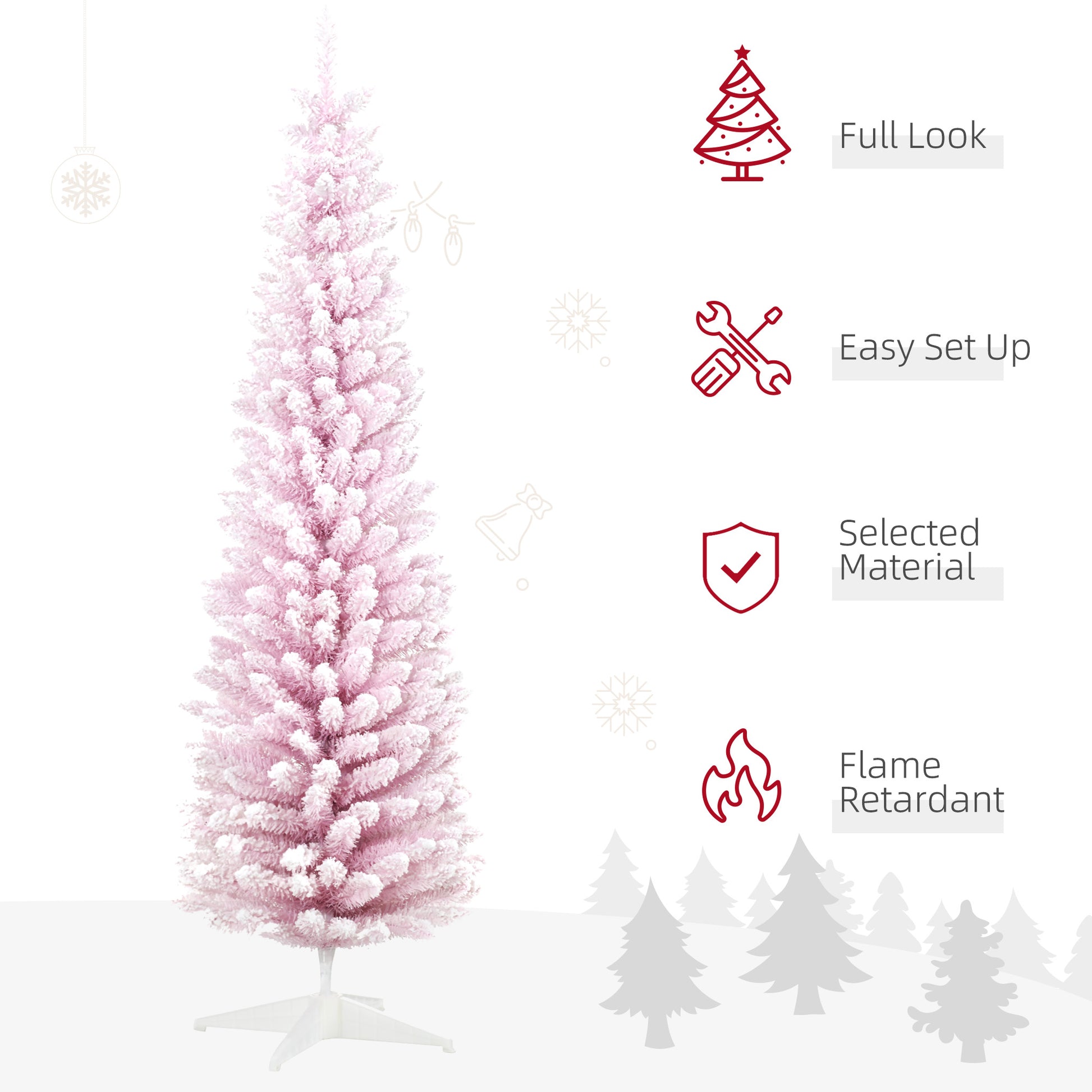 Fluffy pink artificial Christmas tree with white frosted tips perfect for holiday decor