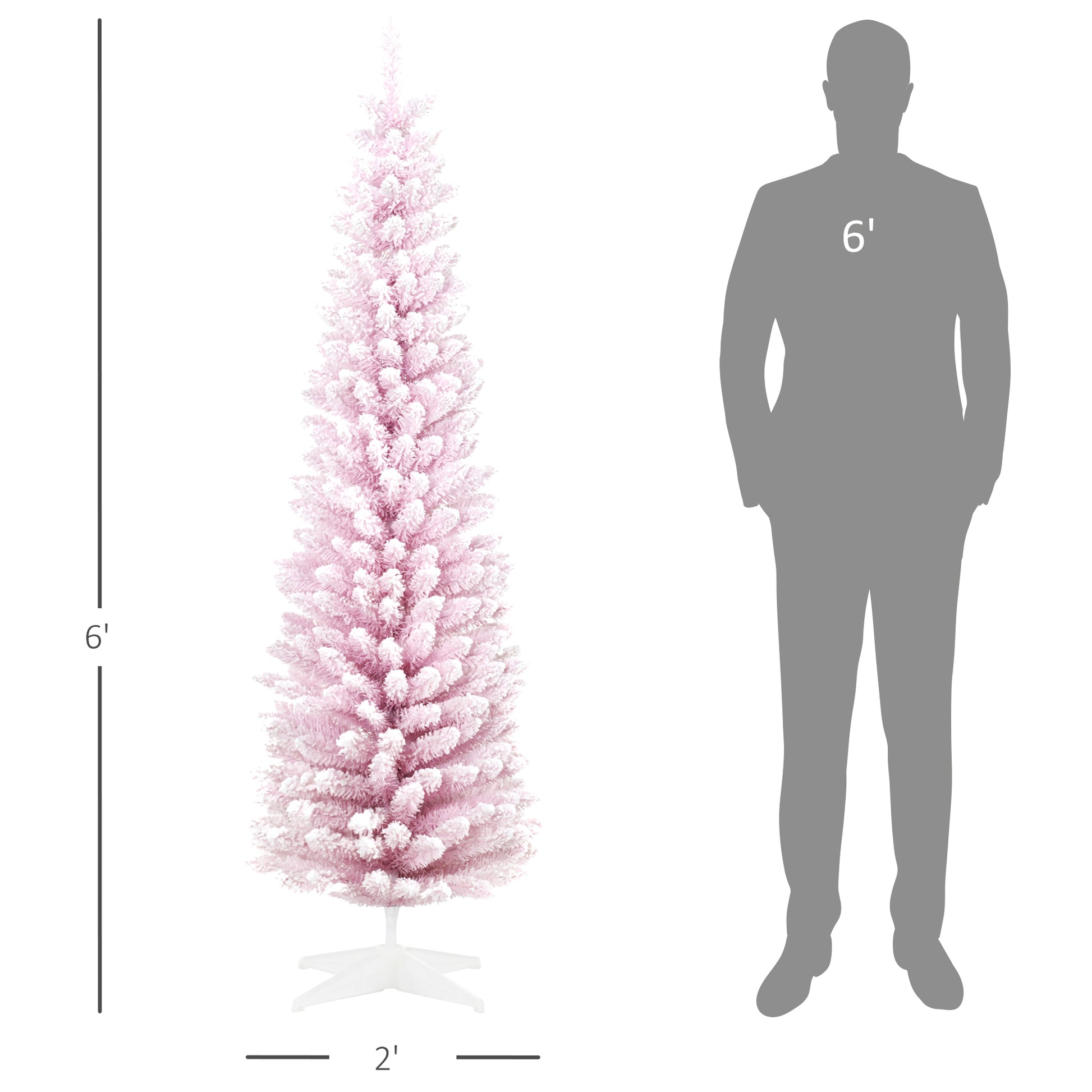 foot flocked pink artificial Christmas tree with white stand shown next to a foot silhouette