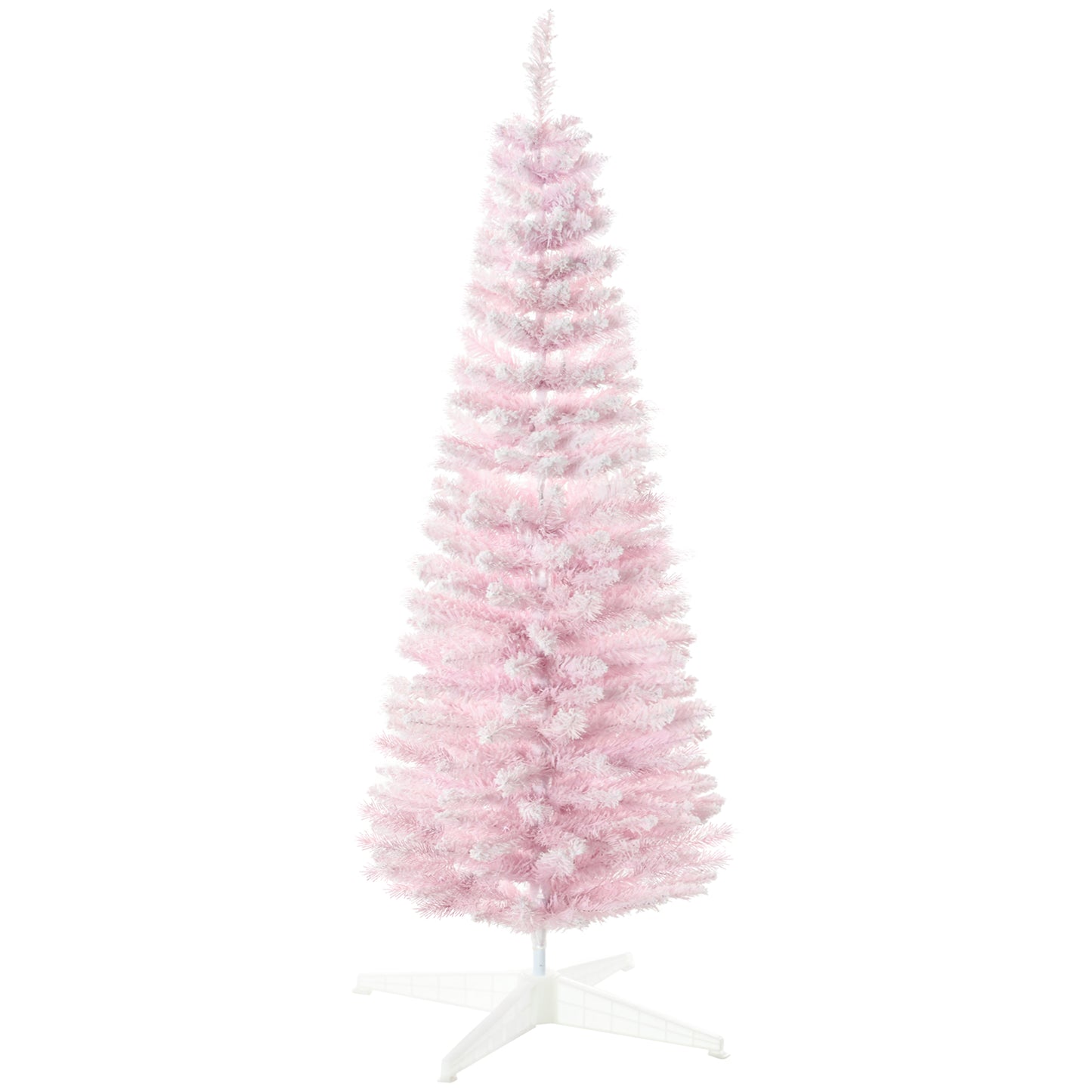 Slim pink tinsel Christmas tree with white flocked tips and a white metal stand