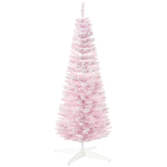 Slim pink tinsel Christmas tree with white flocked tips and a white metal stand