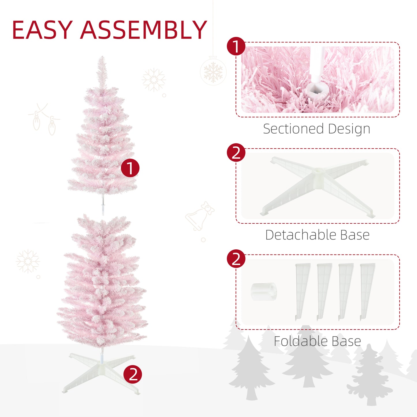 Pink artificial Christmas tree with a sectioned design and flocked tips easy to assemble