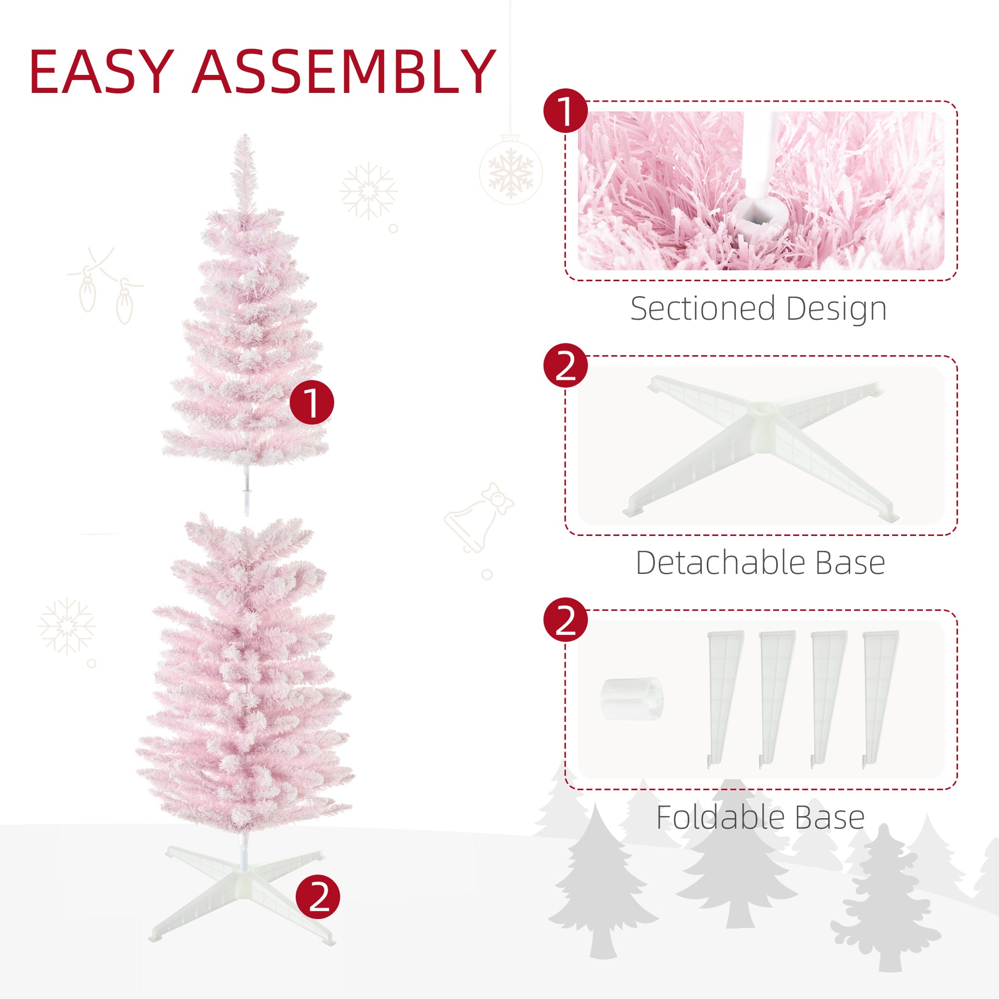 Pink artificial Christmas tree with a sectioned design and flocked tips easy to assemble