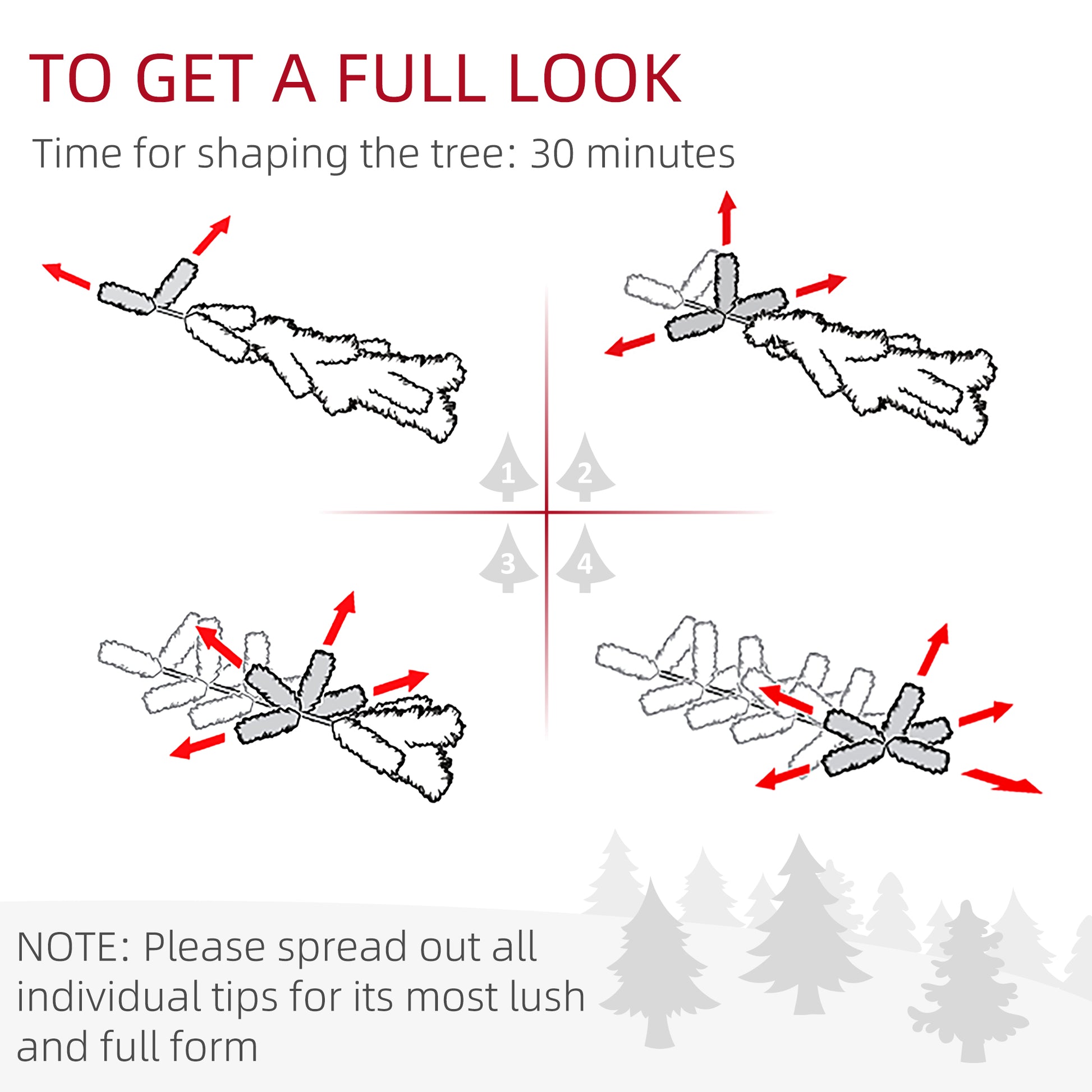 Diagram showing how to shape artificial Christmas tree branches for fullness