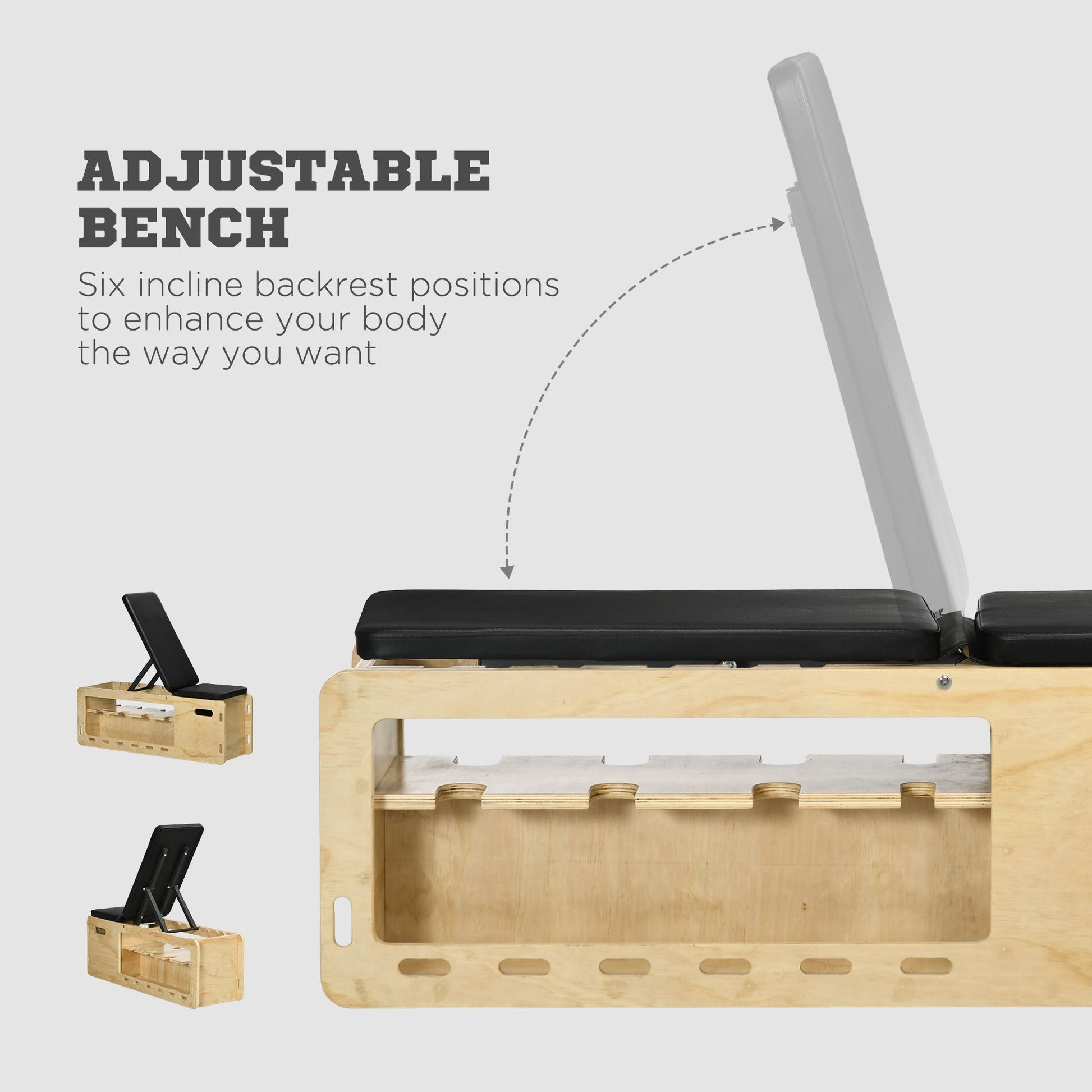 Adjustable weight bench with black padding and natural wood frame six incline positions