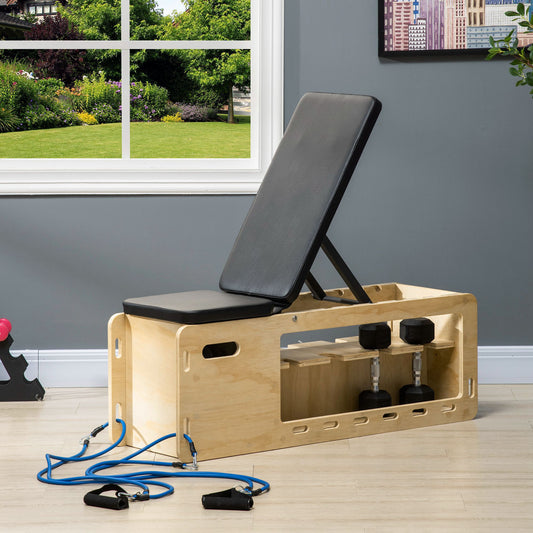 Adjustable black workout bench with integrated storage for dumbbells