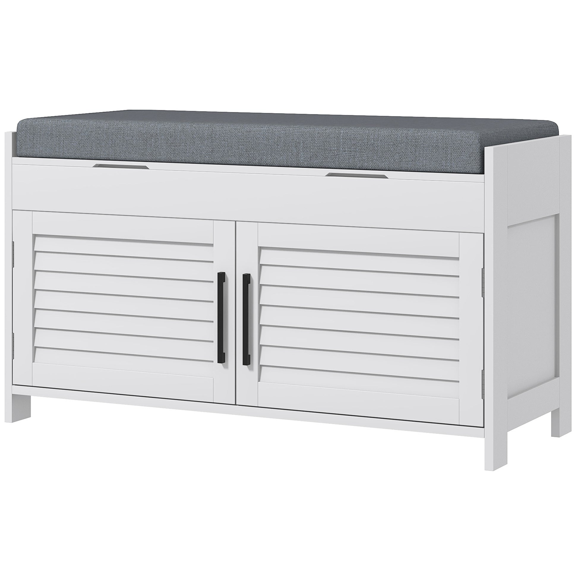 White storage bench with gray upholstered seat and louvered cabinet doors