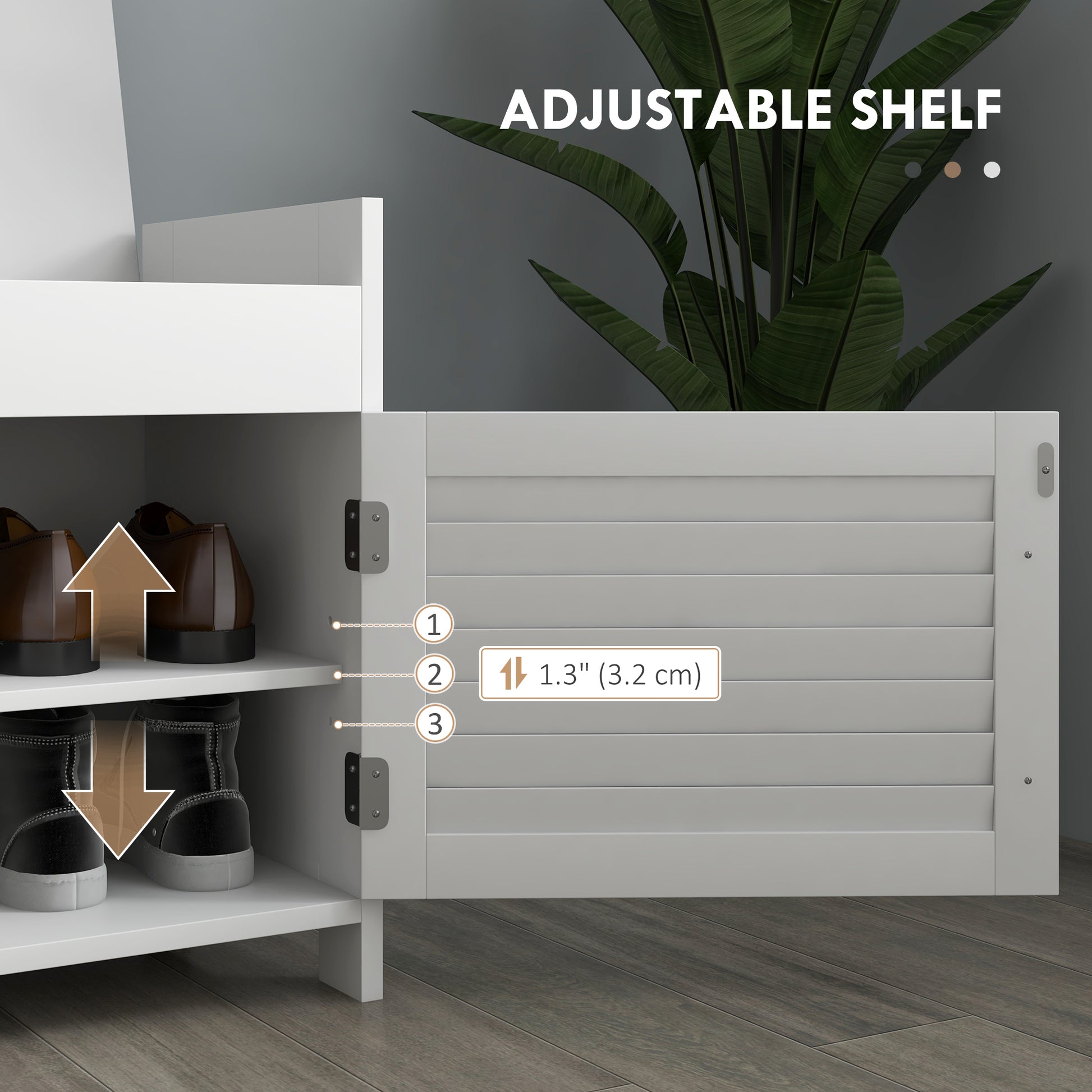 Closeup of white shoe cabinet showing adjustable shelf height of  inches