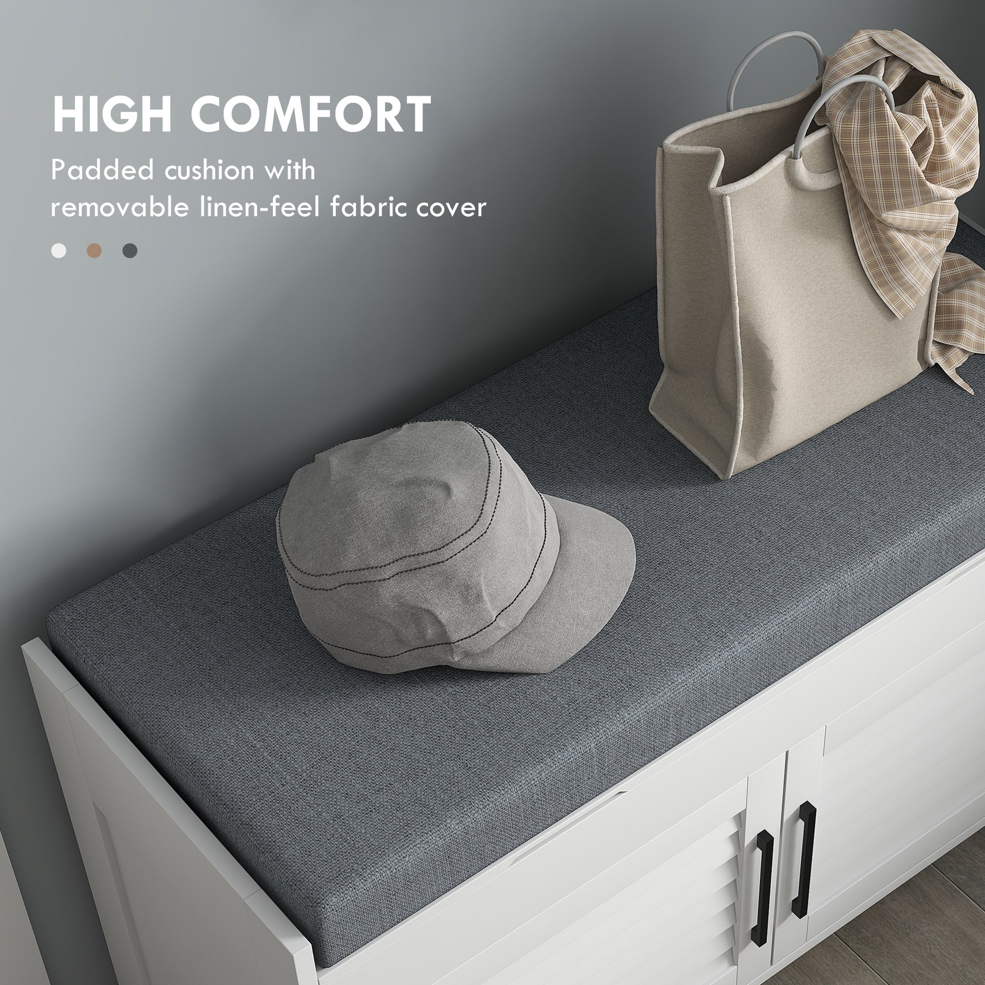 Dark gray upholstered storage bench with a linenfeel fabric cushion and a grey cap