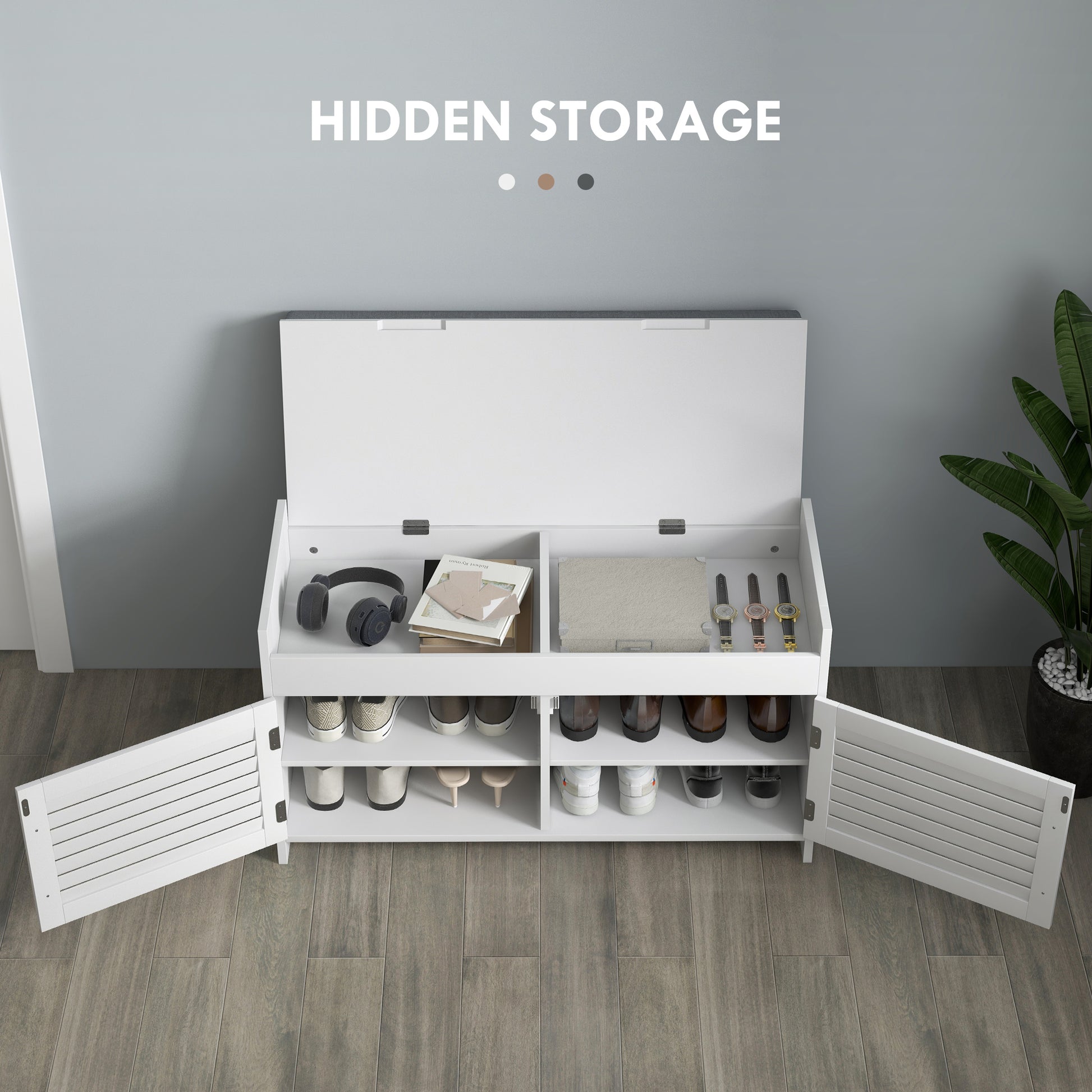 Modern white shoe cabinet with hidden storage for entryway organization