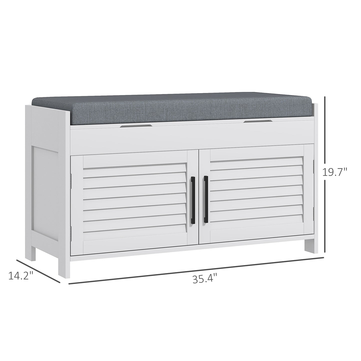 White entryway bench with grey upholstered seat and slatted double doors