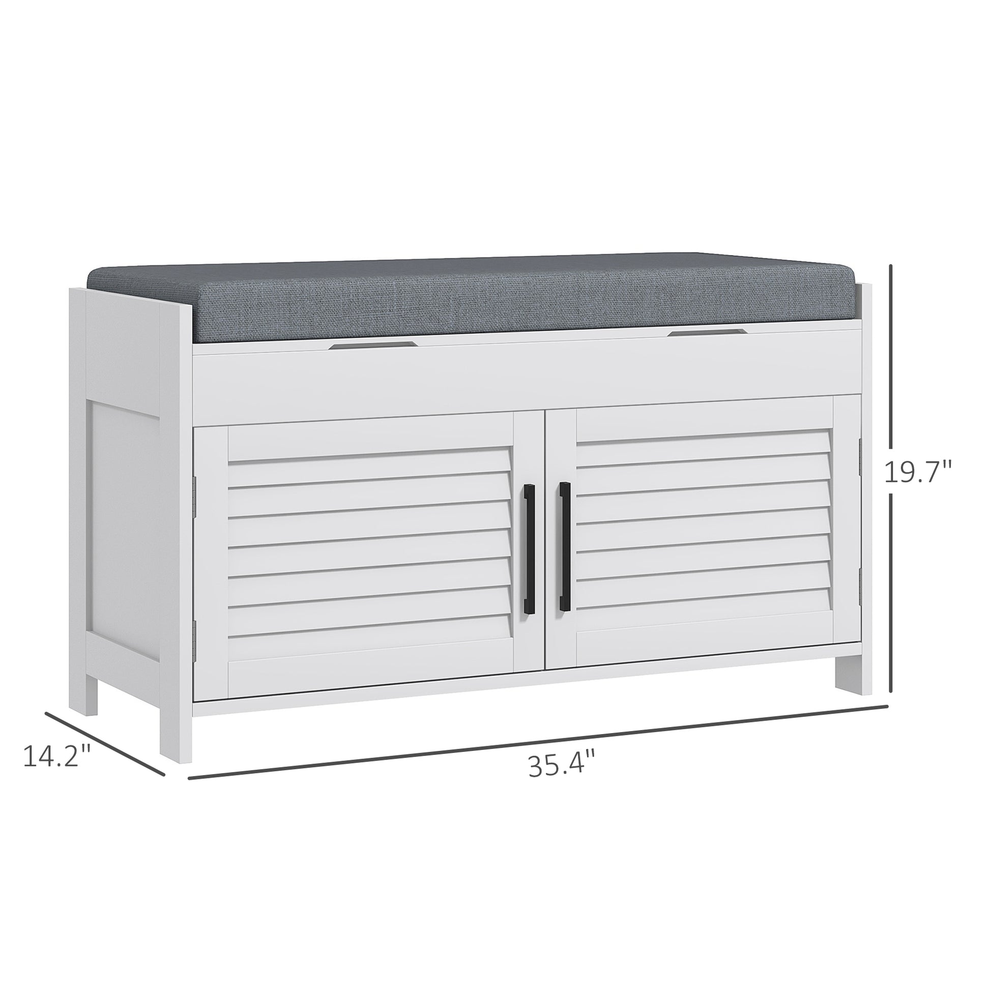 White entryway bench with grey upholstered seat and slatted double doors