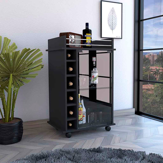 Modern black mobile bar cart with wine rack and glass display cabinet