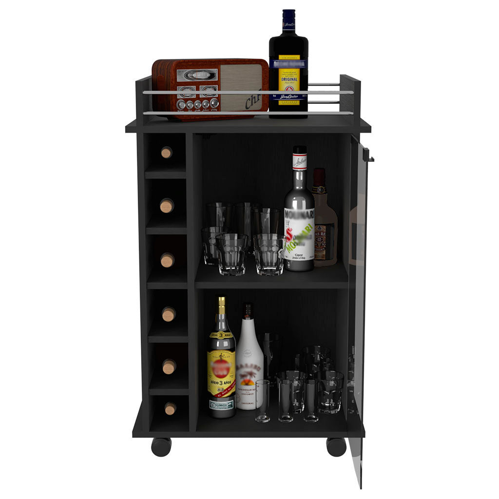 Black modern bar cart with wine rack and glassware